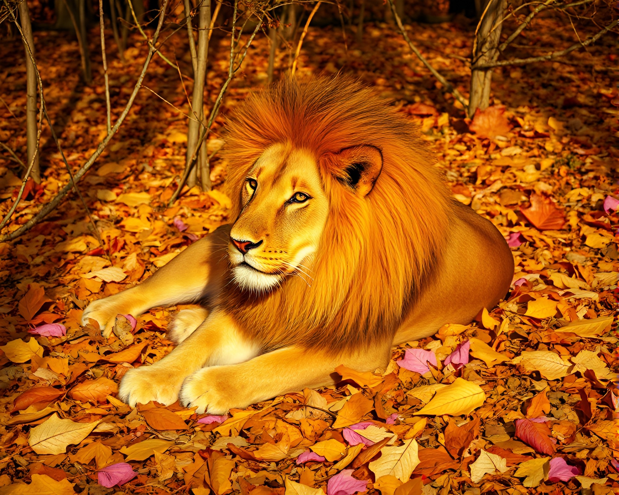 Iridescent Lion Among Leaf Litter – free AI stock image