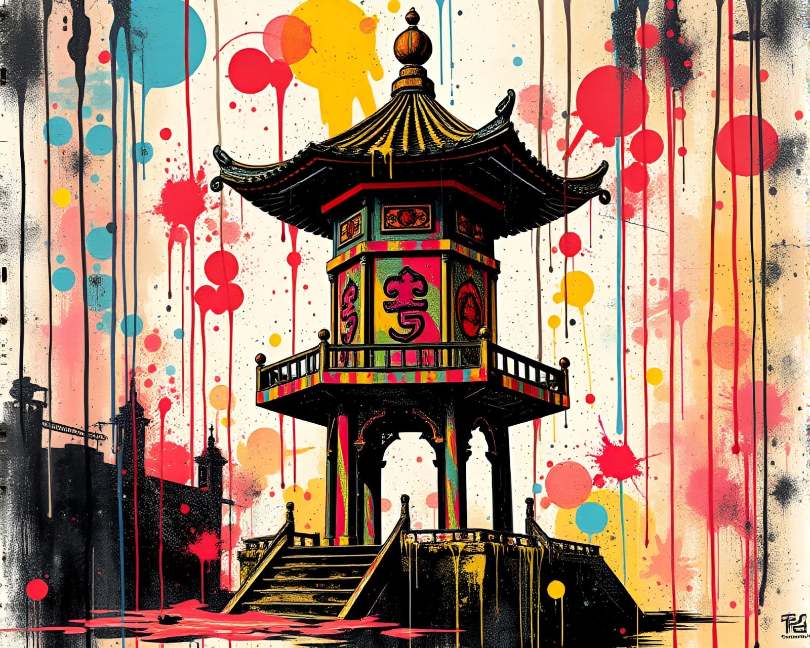 A futuristic pagoda adorned with paint splatters and graffiti