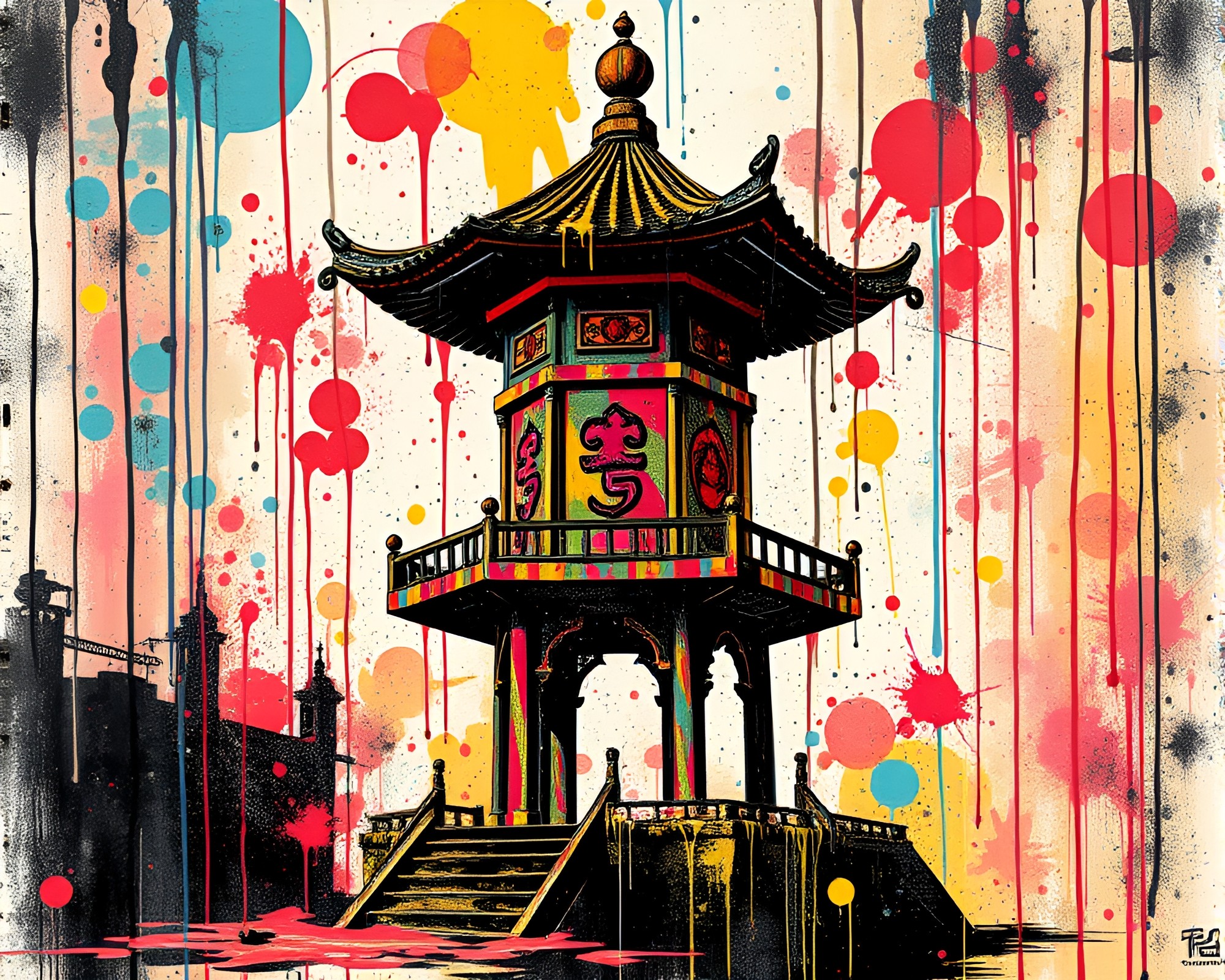Steampunk Pagoda with Graffiti Drips – free AI stock image