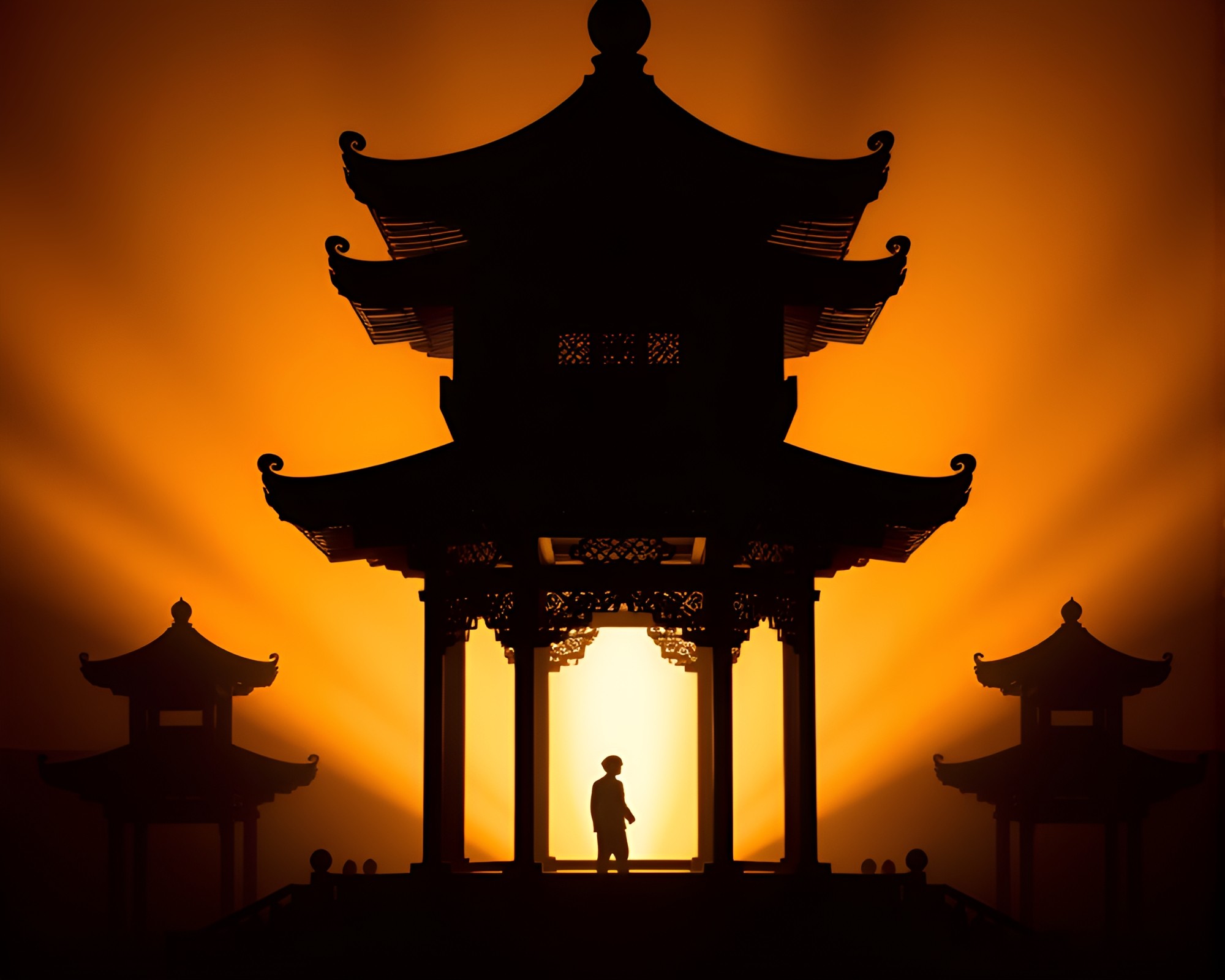 Ethereal pagoda silhouette in dramatic sepia lighting – free AI stock image