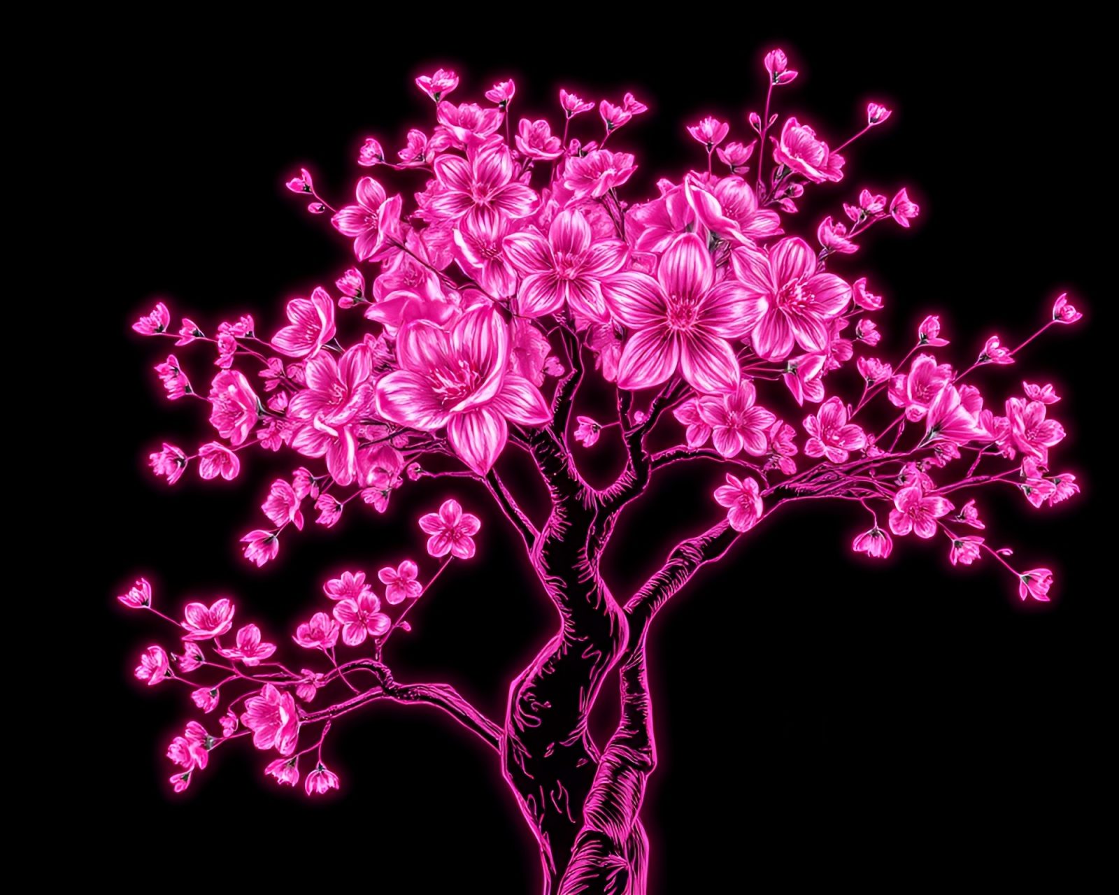 Vibrant cherry blossom tree in neon x-ray style.