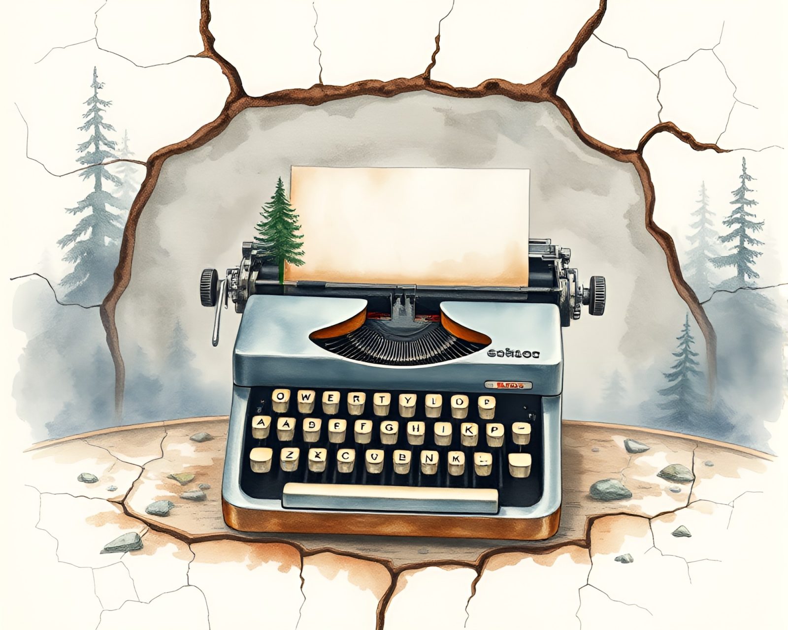 Detailed watercolor painting of antique typewriter on cracked earth