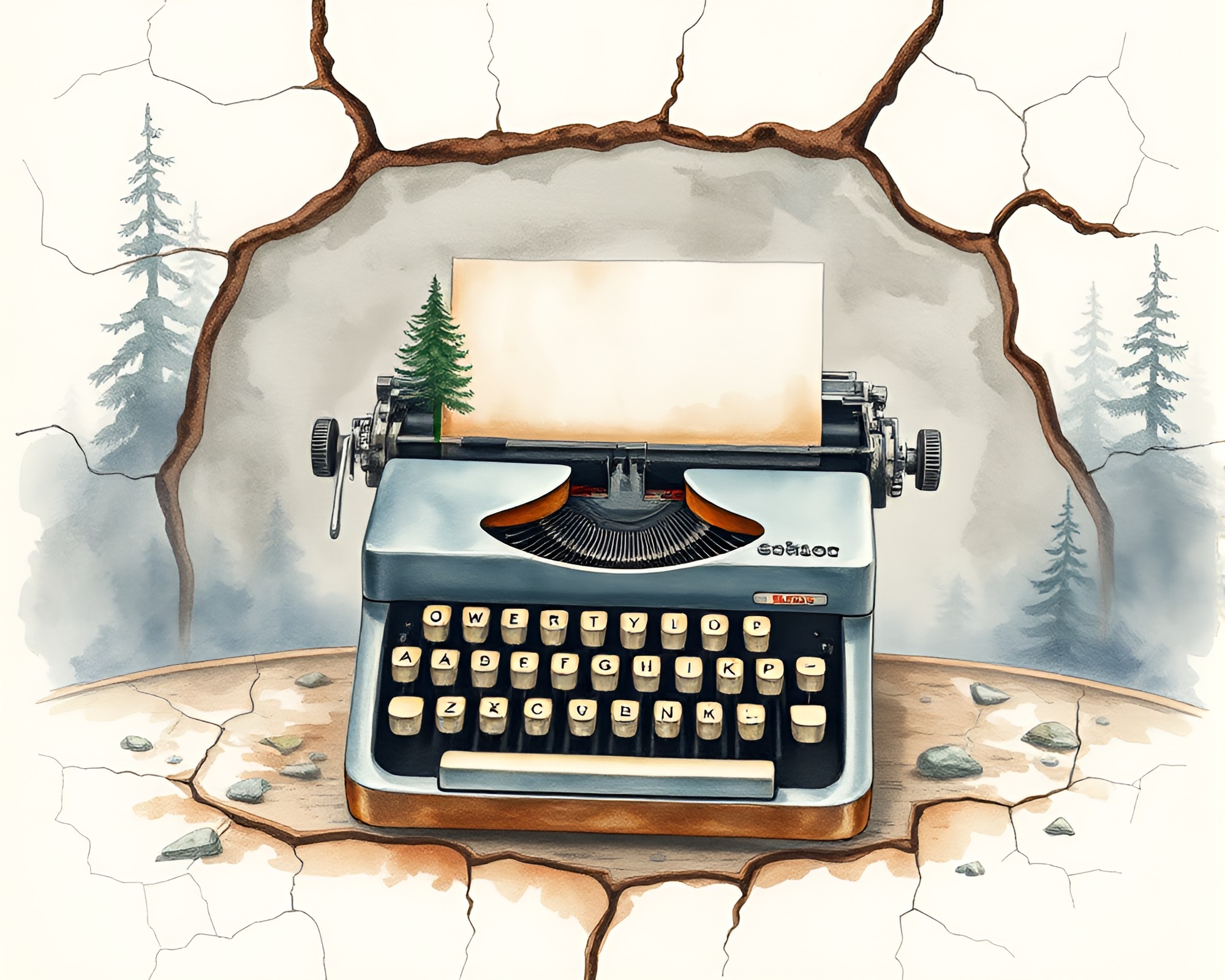 Cracked Earth Reveal: Antique Typewriter in Watercolor Wildlife Scene – free AI stock image
