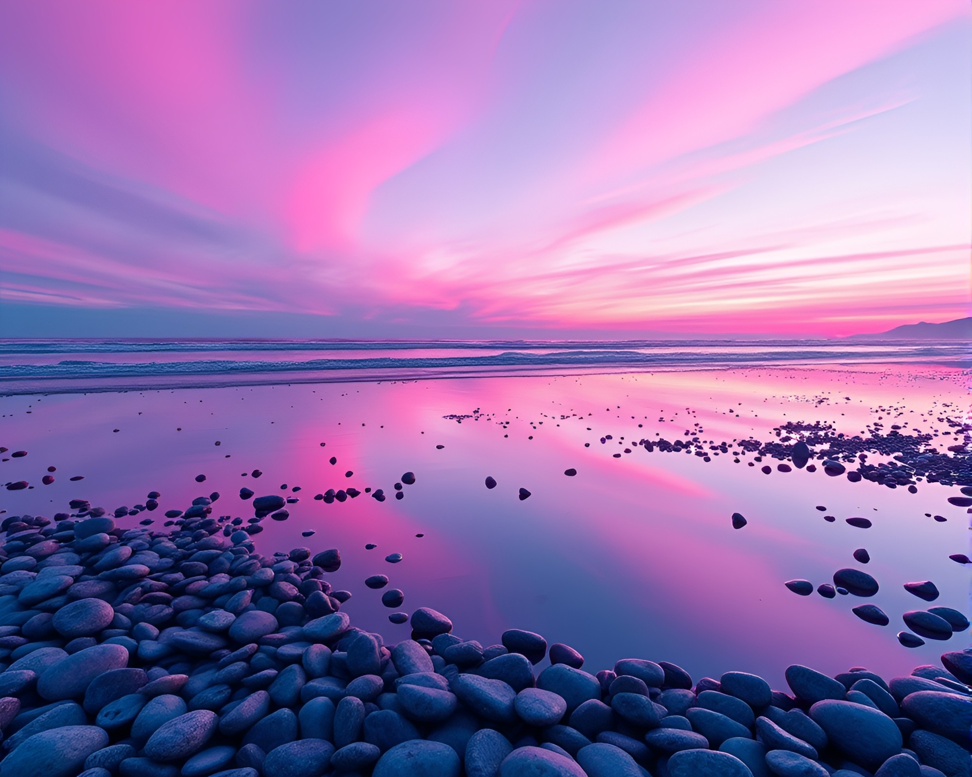 Neon Wireframe Double Reflections on Pebble Beach – free AI stock image