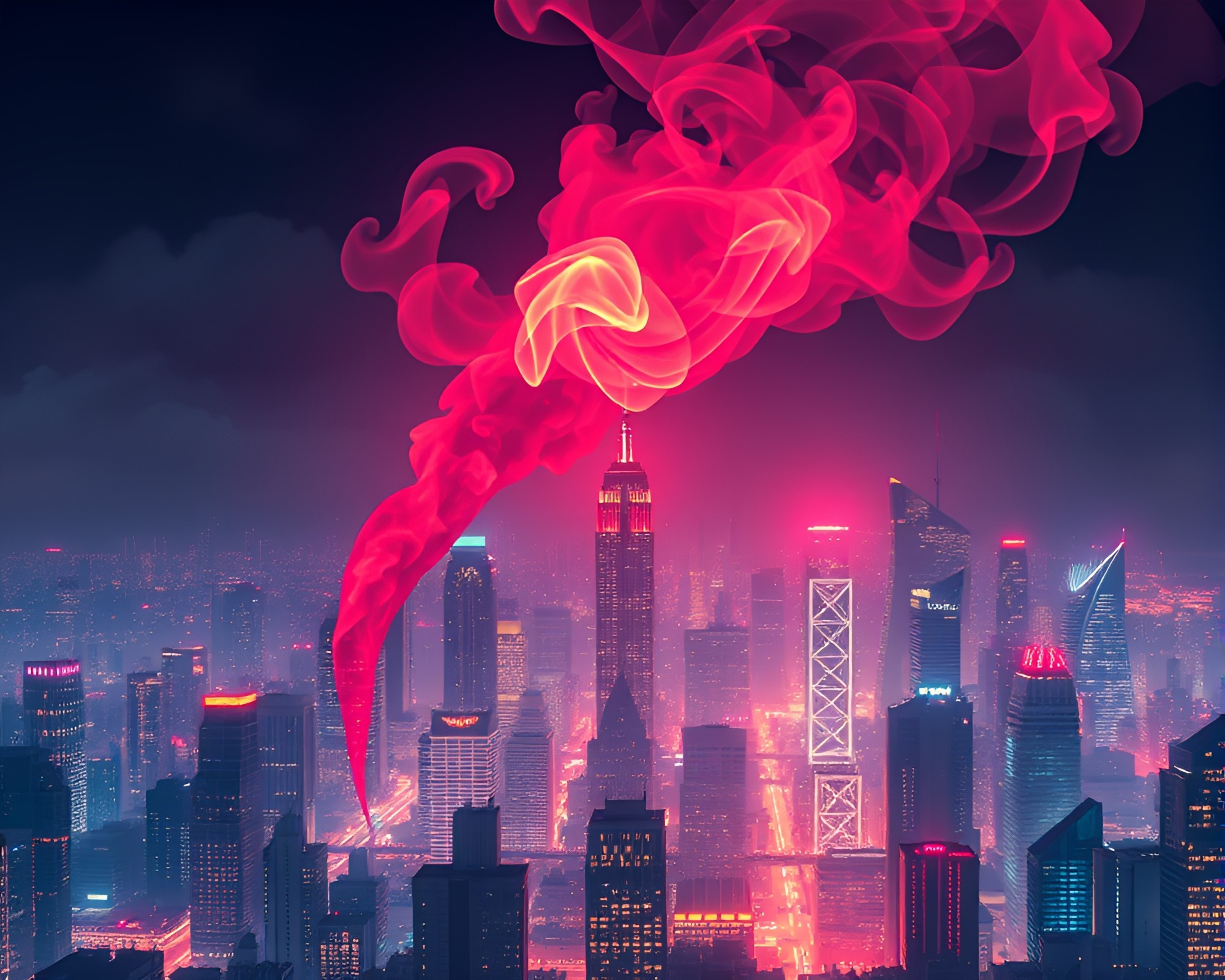 Neon Pixel City with Swirling Smoke Plume – free AI stock image
