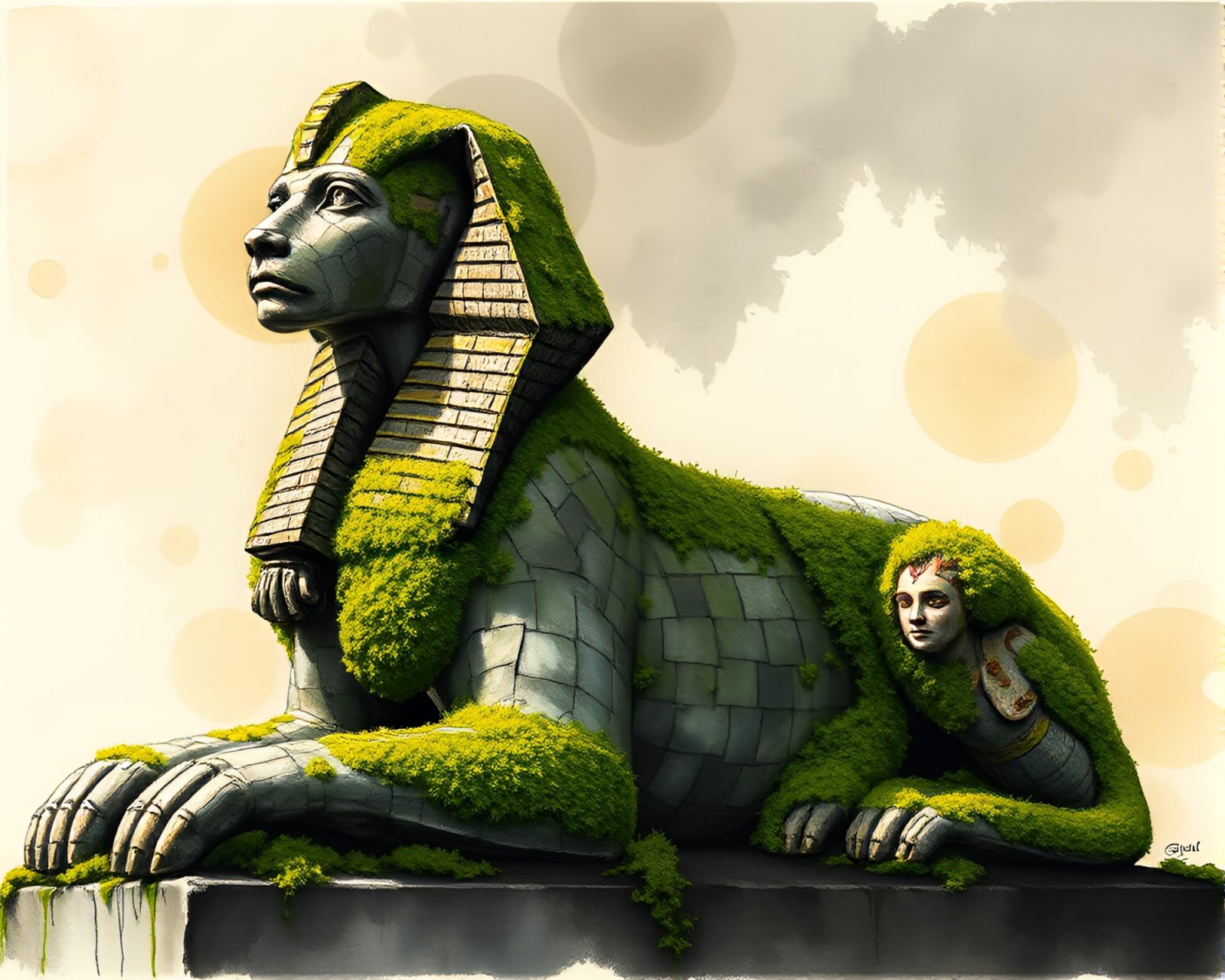 Ink wash art of ancient statue in vibrant light and moss
