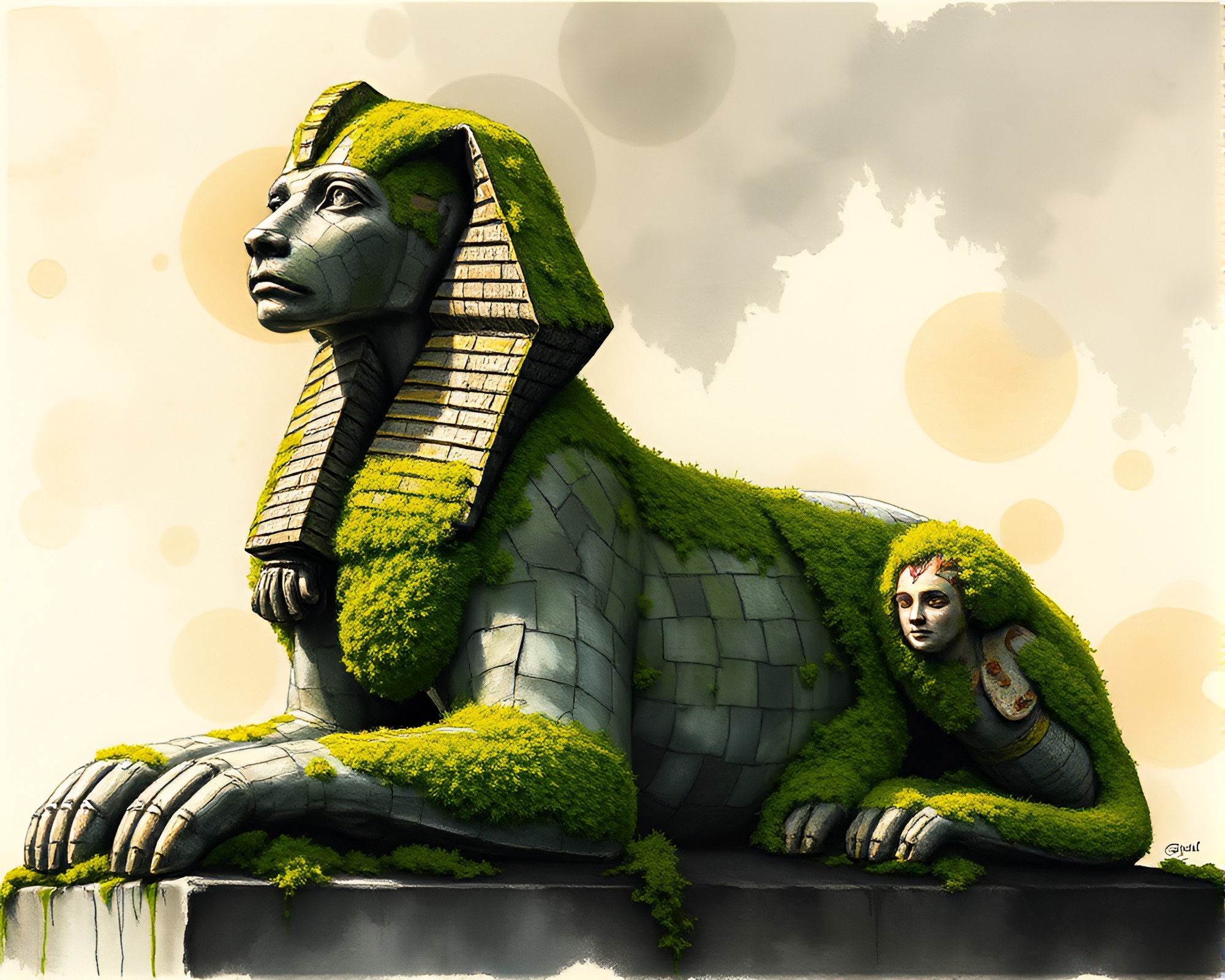 Mystical Sphinx Statue with Moss Growth and Mosaic Lighting – free AI stock image