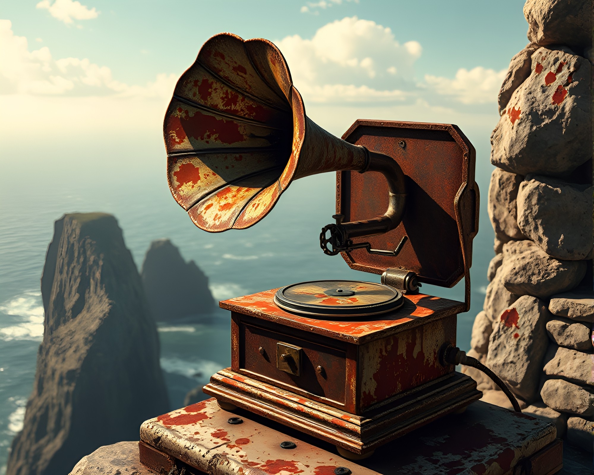 Rusty Steampunk Gramophone on Cliffside in Anime Style – free AI stock image