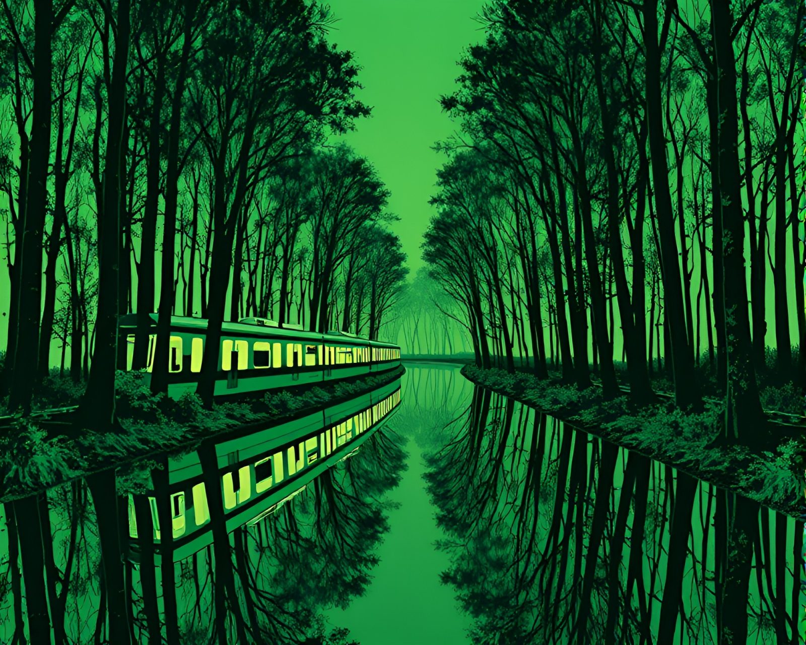 Surreal linocut print of monorail reflecting twice in forest-green