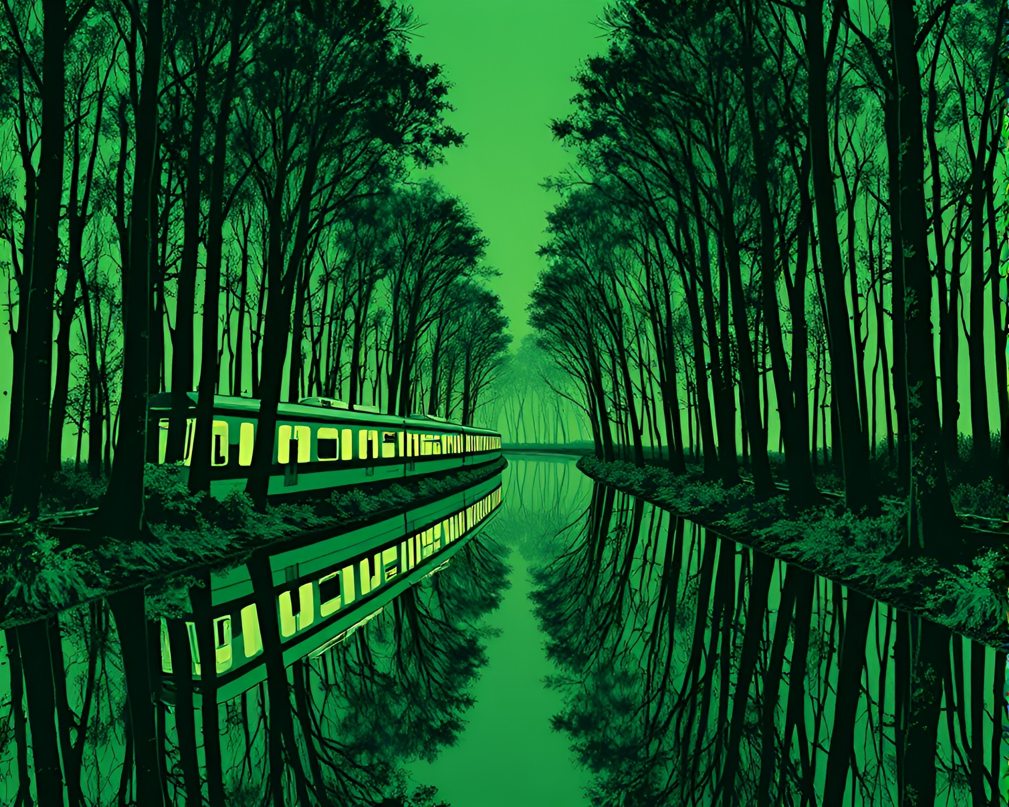Monorail Double Reflection in Forest-Green Linocut Print – free AI stock image