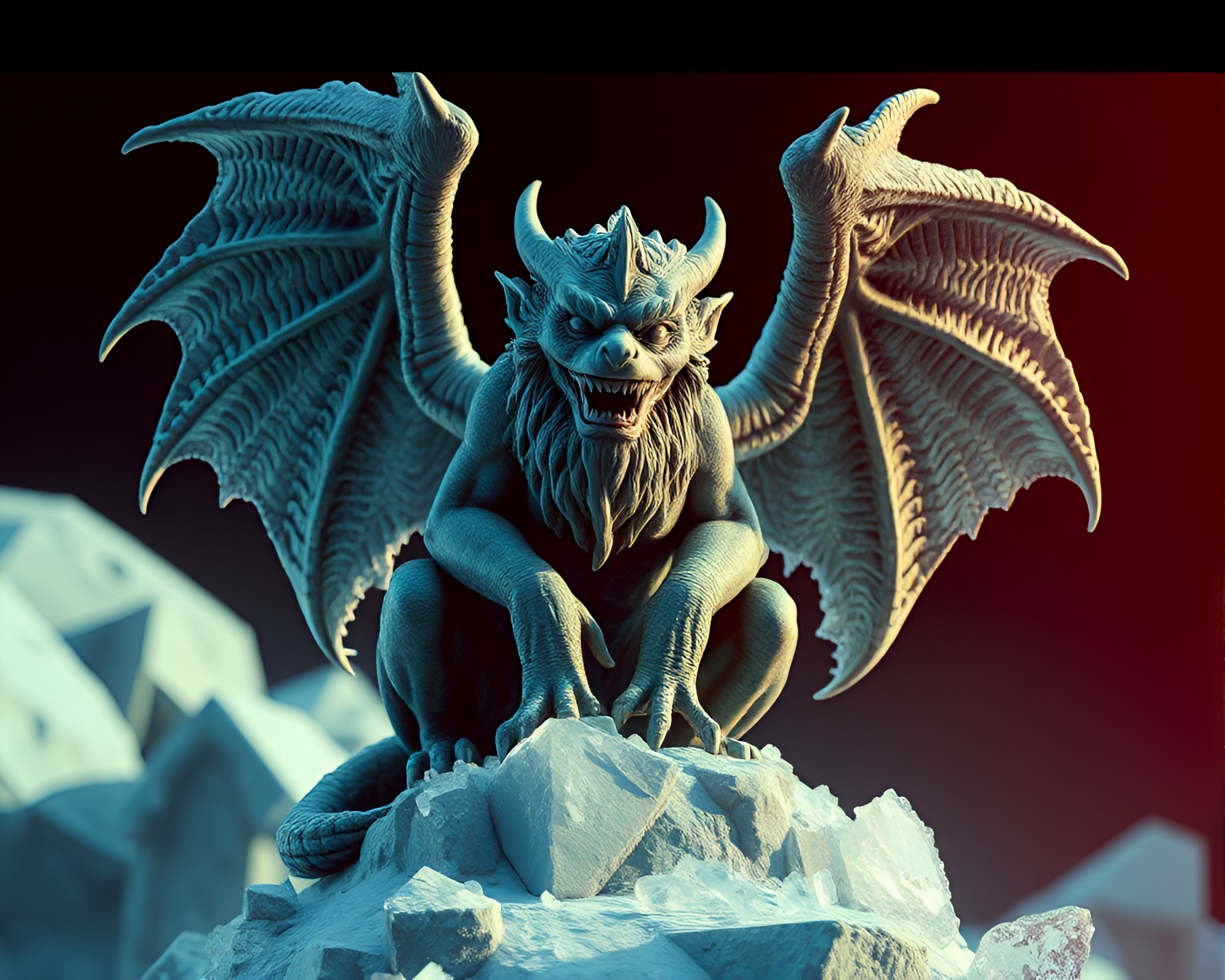 Gargoyle Ice Crystals Low-Poly Fantasy Scene – free AI stock image