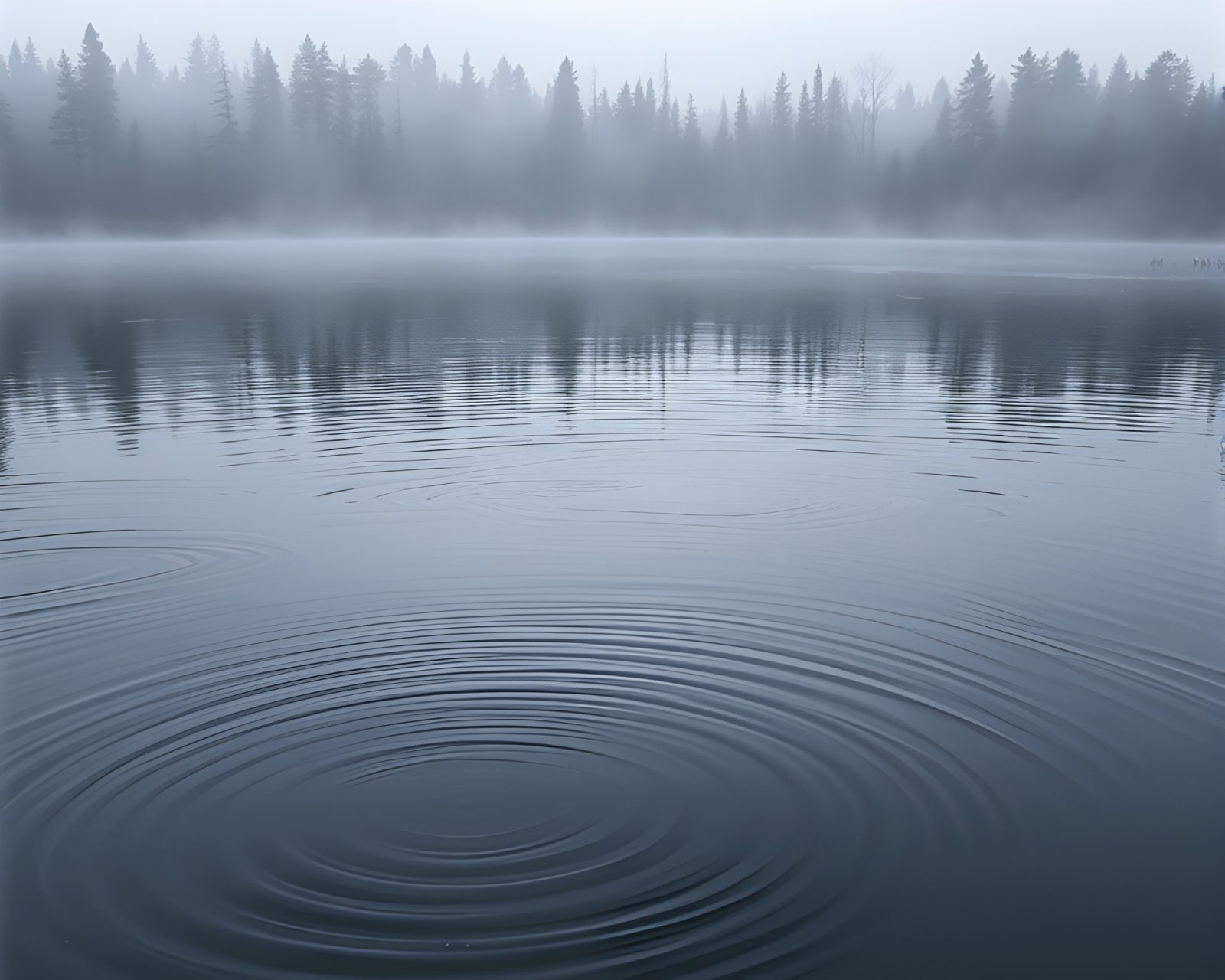 Hazy forest reflected on tranquil water with soft ripples