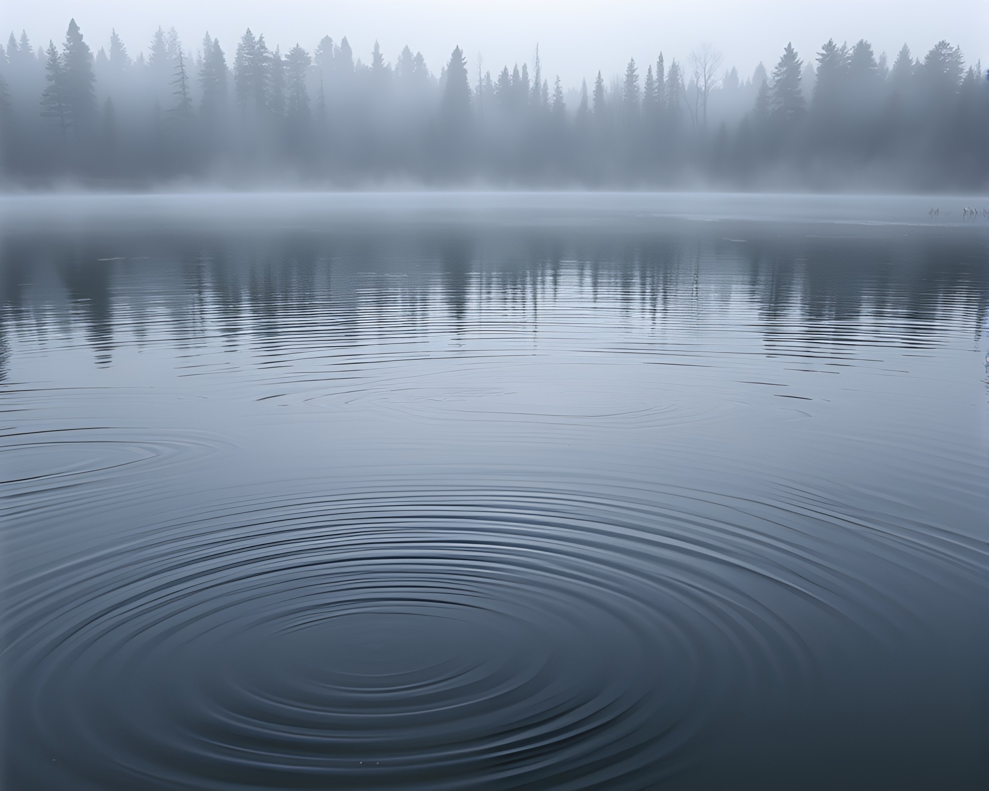 Misty Forest Reflection with Contouring Ripples – free AI stock image