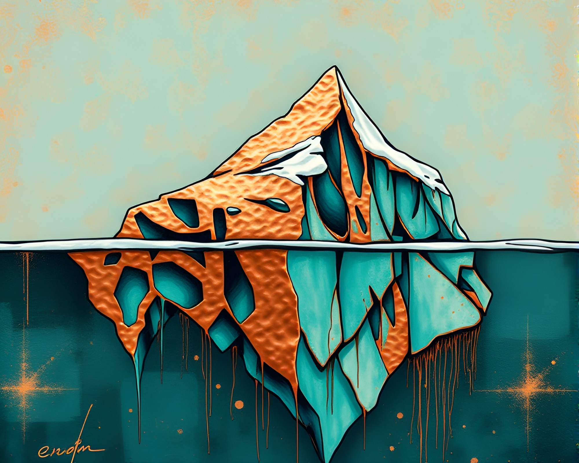Iceberg Oasis: Copper Verdigris Graffiti in Tattoo Flash Art Style – free AI stock image