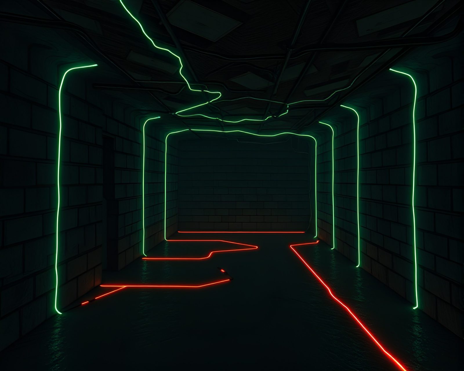 Dark basement with glowing fiber optics and intricate symbols
