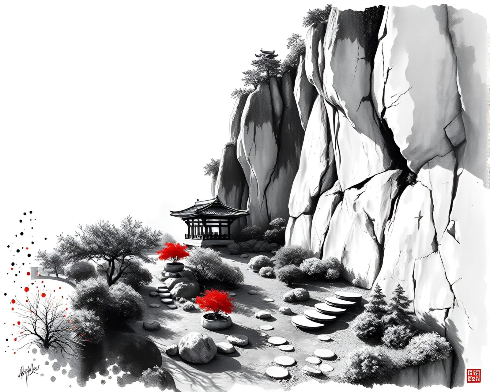 Architectural rendering of tranquil Zen garden with ink splashes