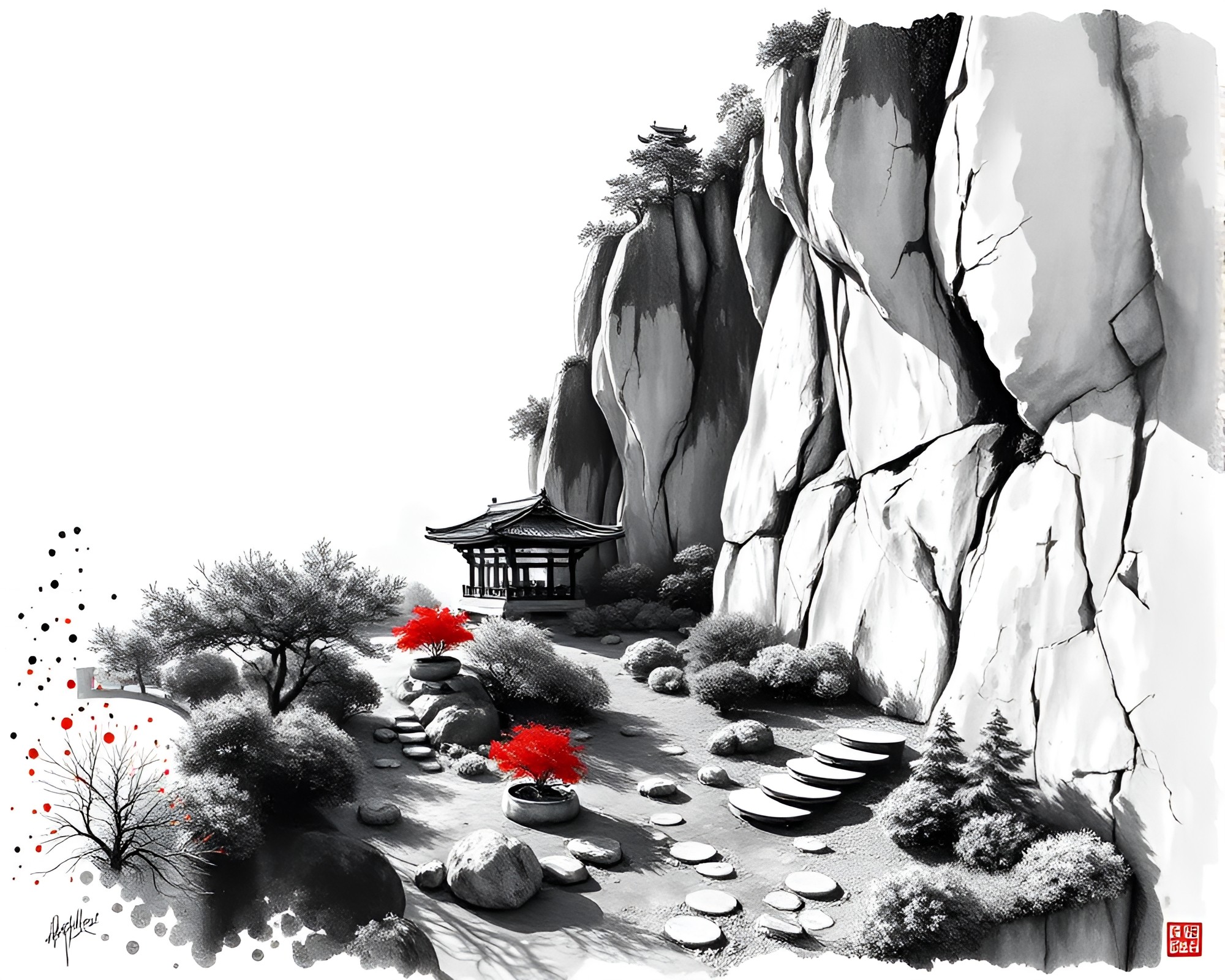Zen Garden Ink Splashes on Cliffside Shadow – free AI stock image