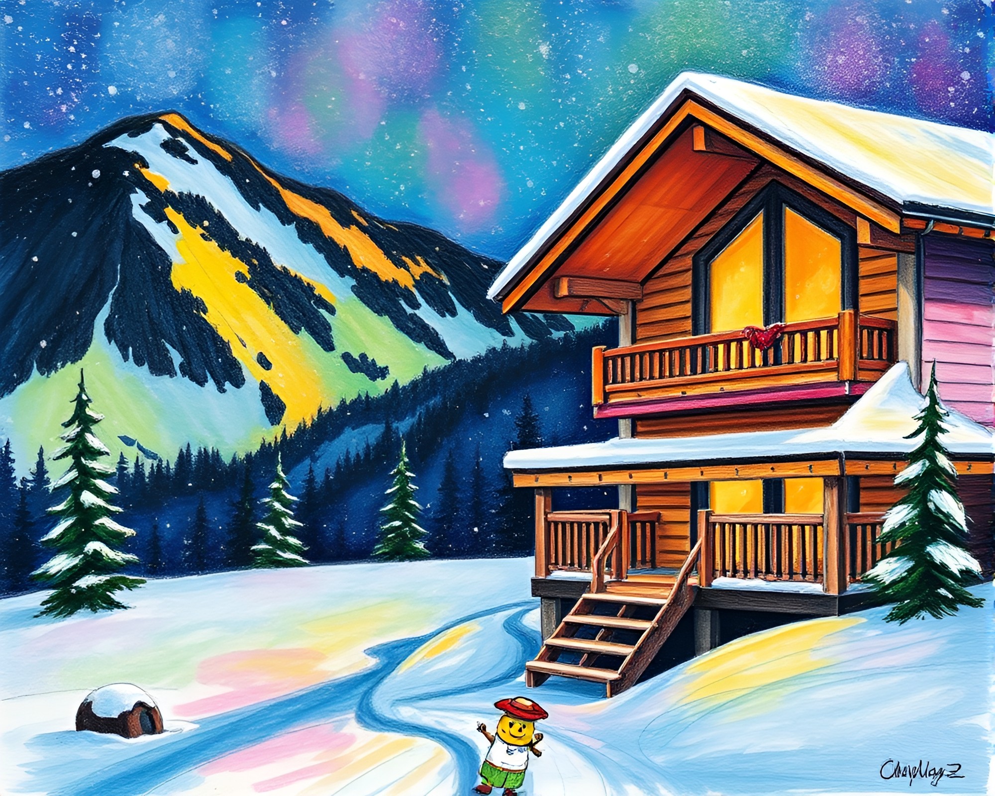 Oil Slick Rainbow Over Alpine Chalet Conté Crayon Drawing – free AI stock image