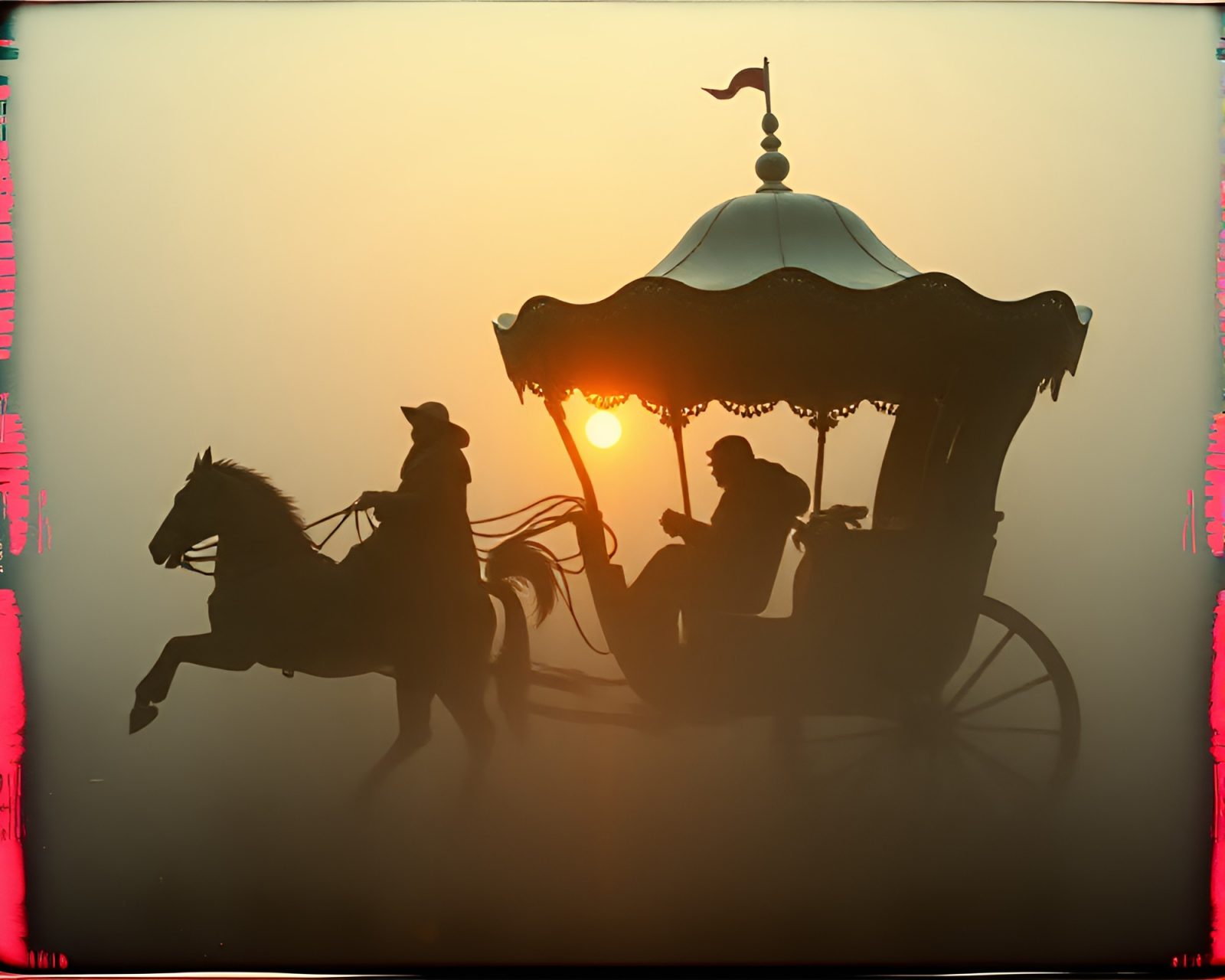 Film sprocket holes frame a misty chariot at dawn
