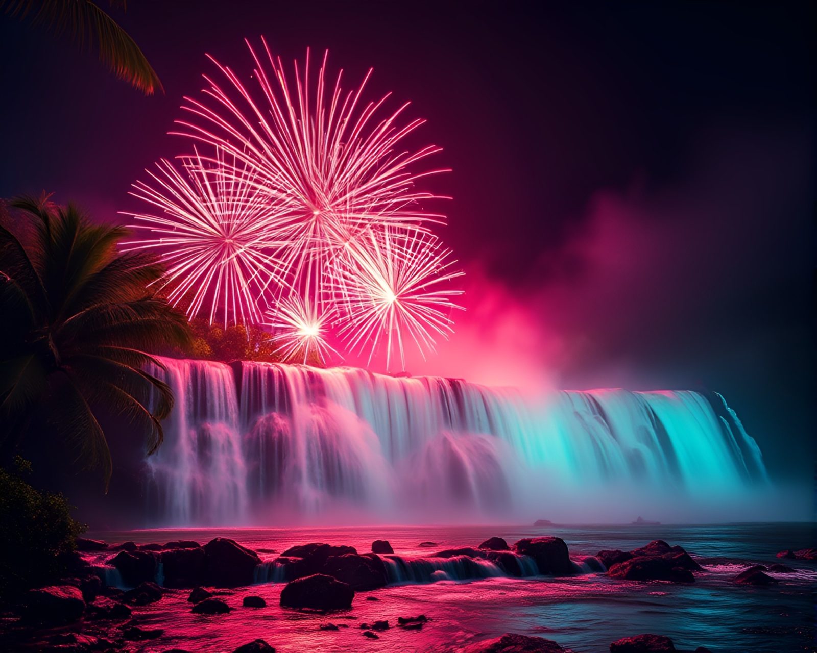 Vibrant macro photo of tropical waterfall under neon fireworks