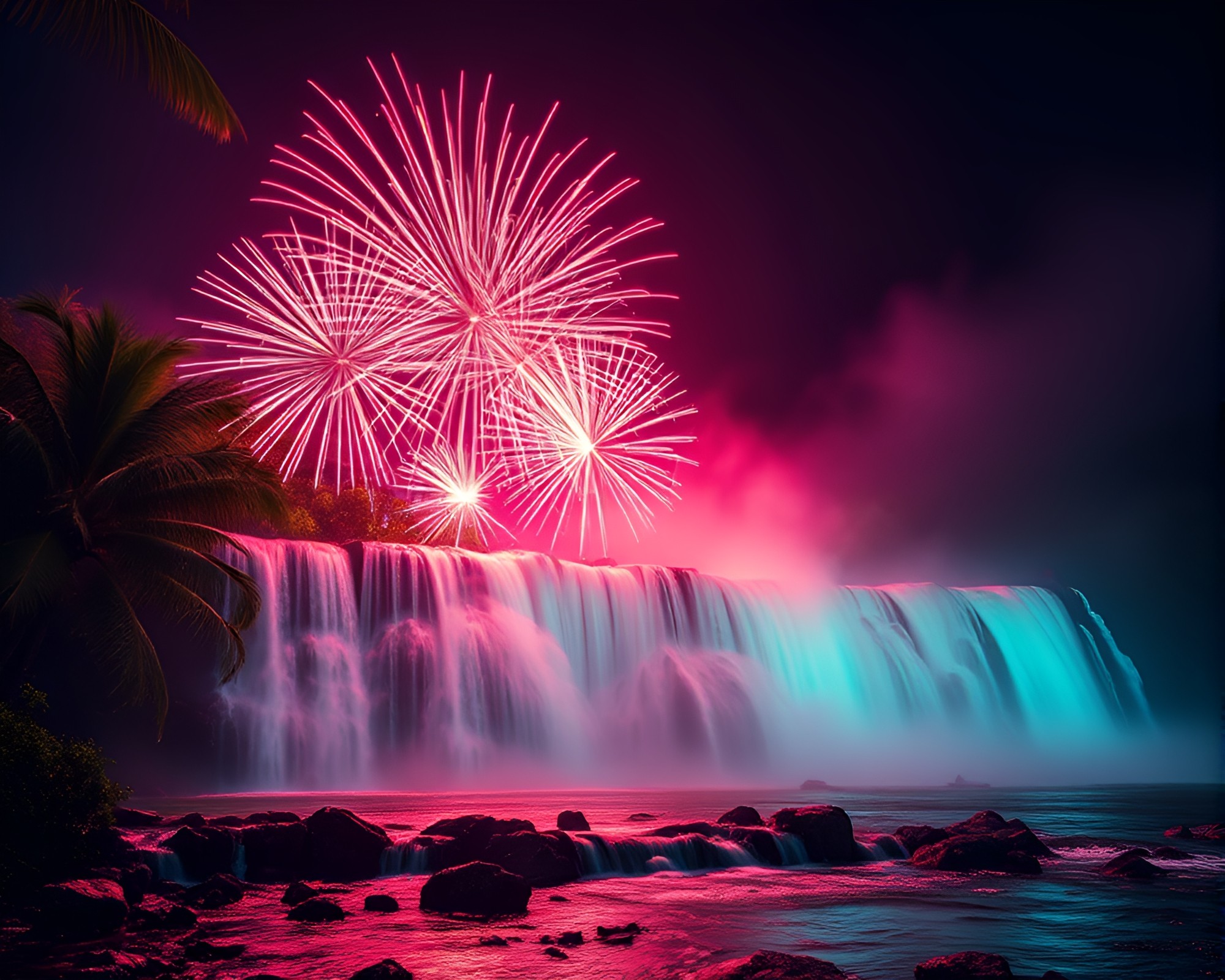 Neon Tropical Waterfall with Fireworks Bursts – free AI stock image