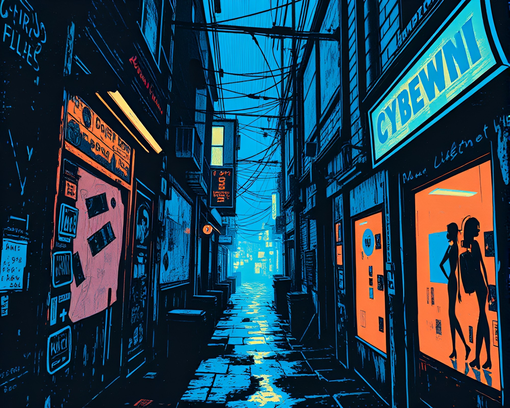 Cyberpunk Alley: Steel-Blue Kinetic Art Linocut – free AI stock image