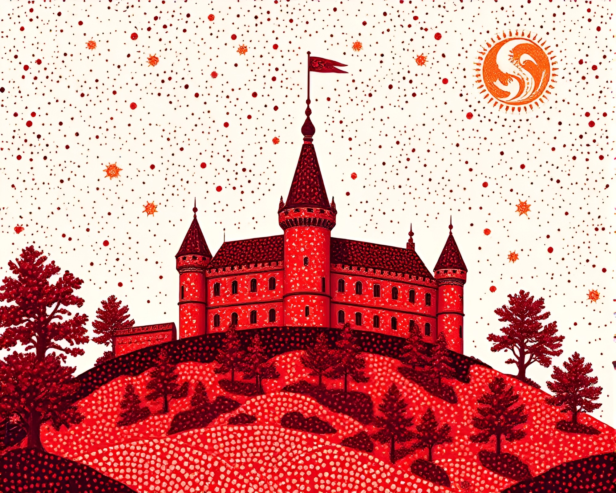 Scarlet Castle: Pointillist Sgraffito Masterpiece – free AI stock image