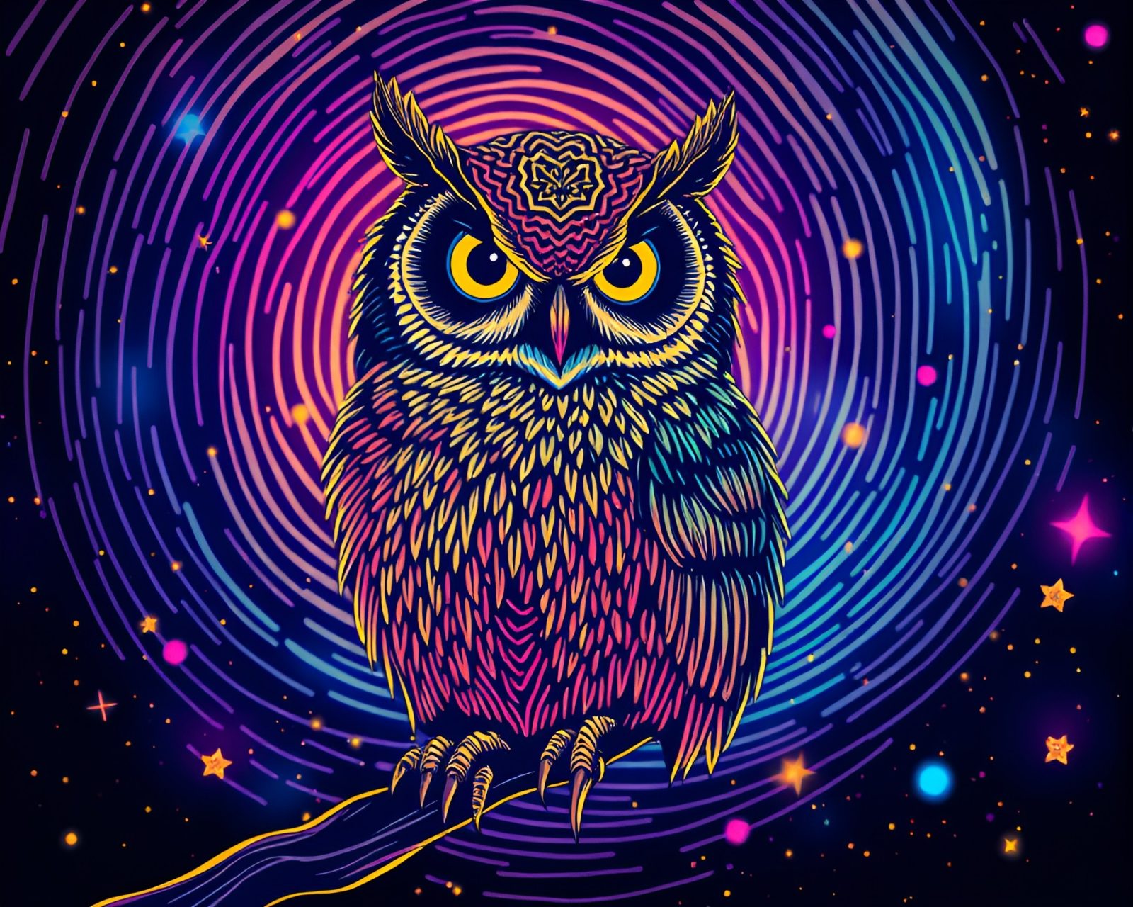 Majestic owl design within colorful, intricate fingerprint patterns