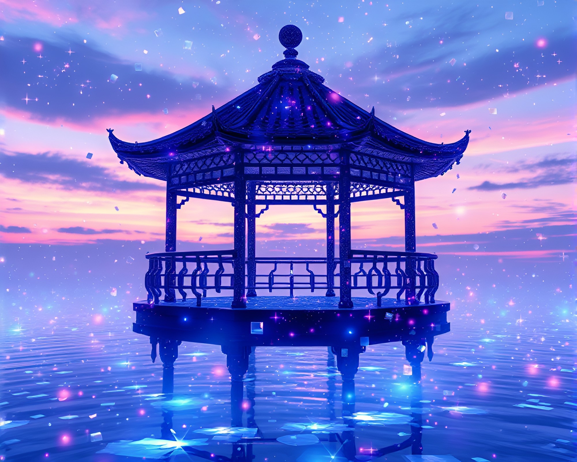 Stained Glass Shard Floating Pavilion at Twilight – free AI stock image