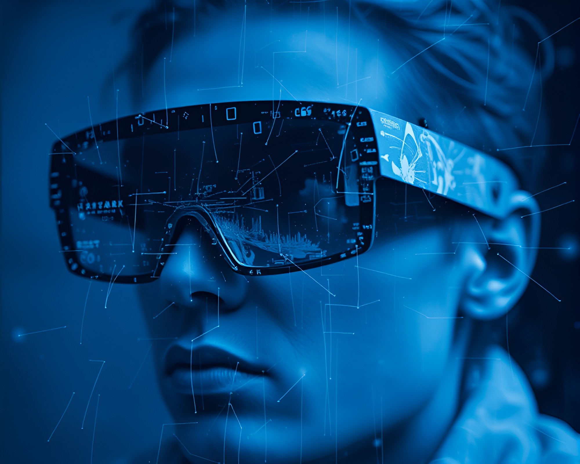 Augmented Reality Glasses Double Exposure Blue Monochrome – free AI stock image