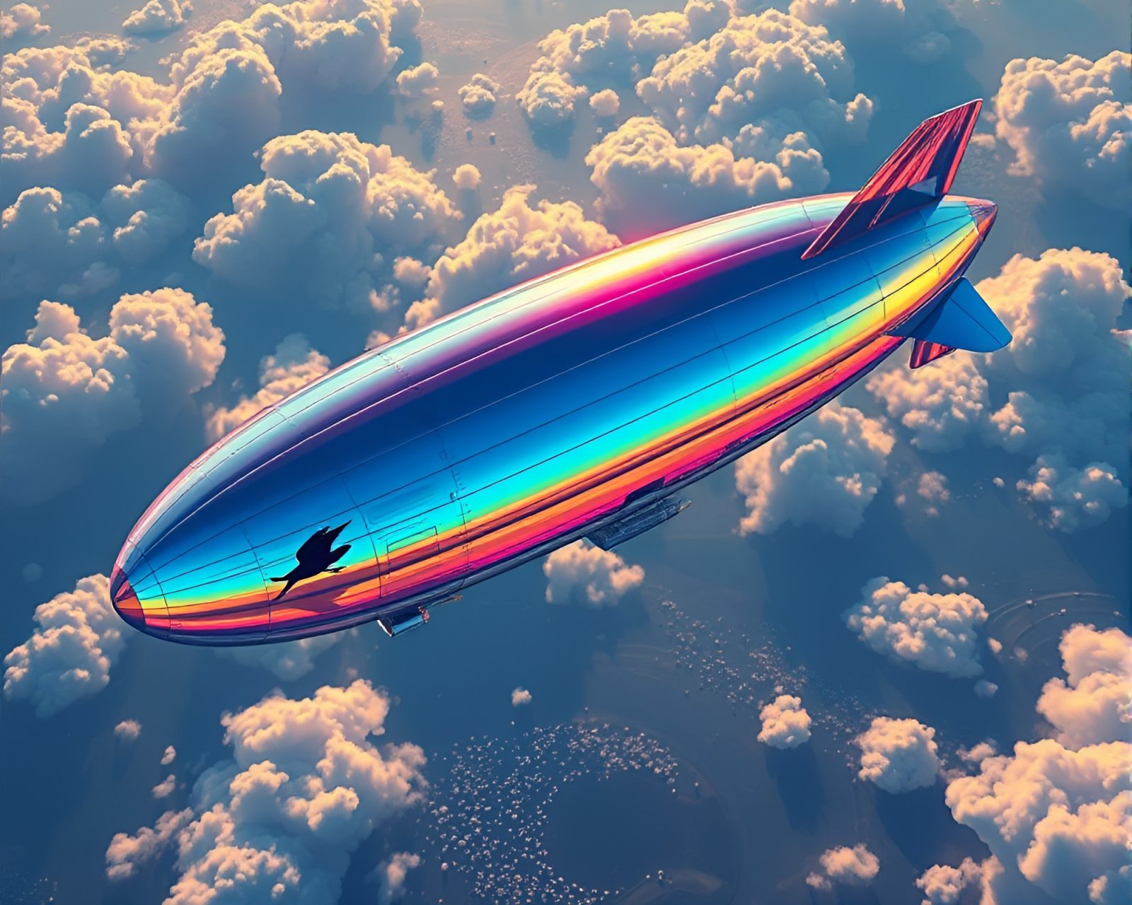 Bird's eye view of an iridescent zeppelin in op art style