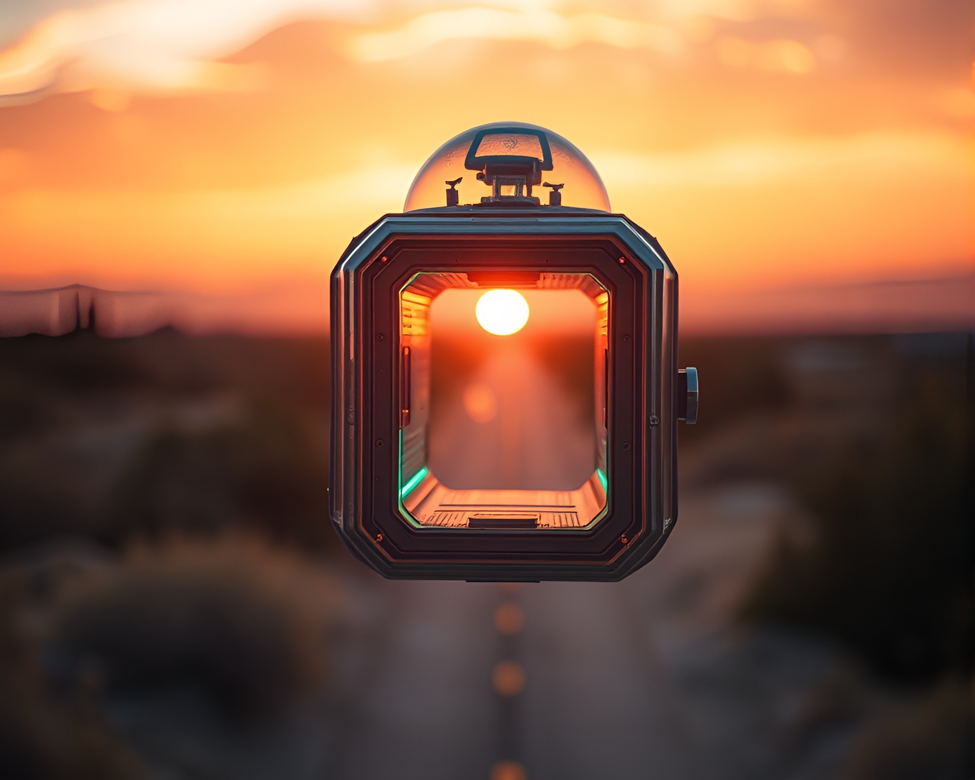 Futuristic Quantum Teleportation Device in Warm Utopian Sunset – free AI stock image