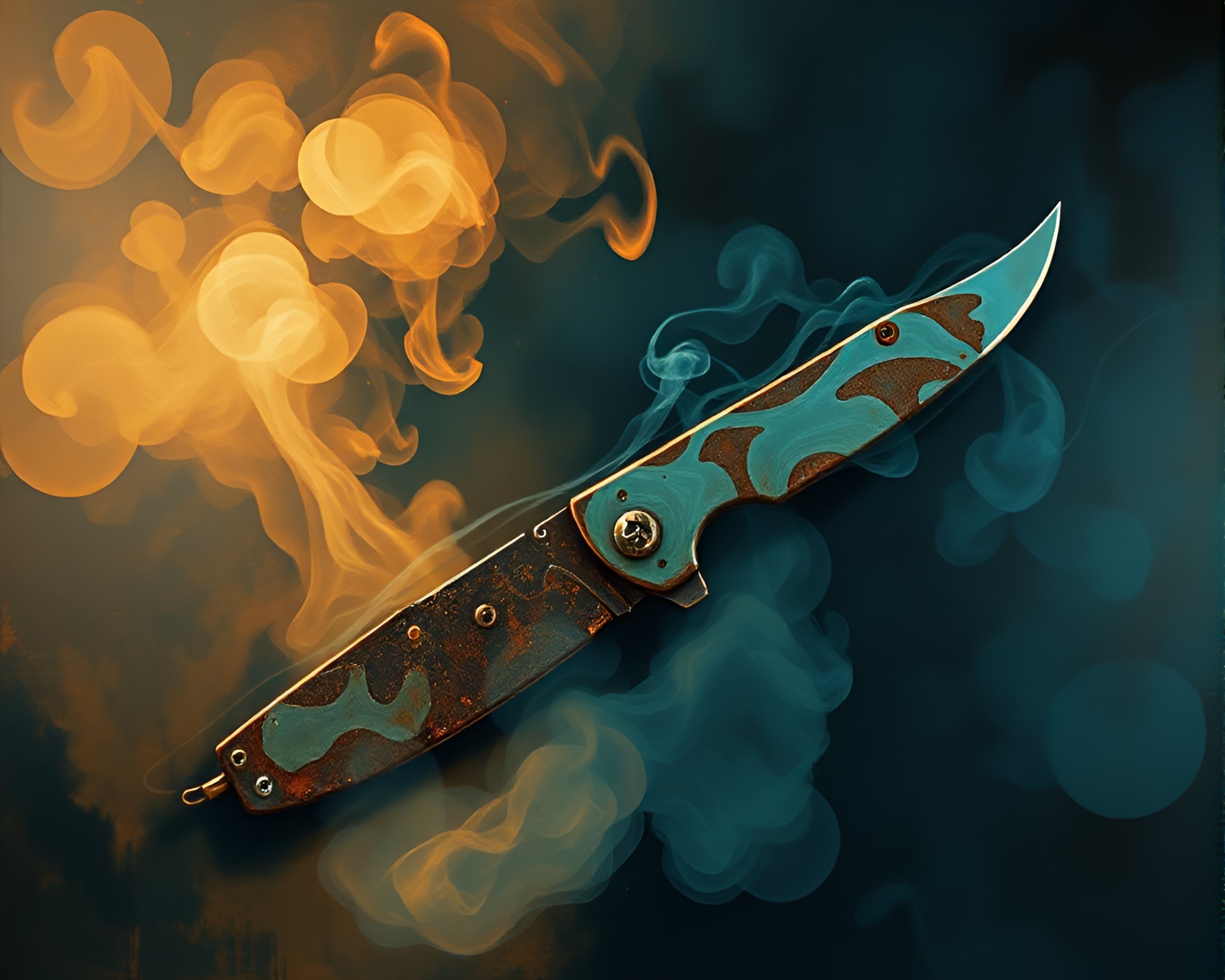 Rusty Pocketknife Enveloped in Indigo Steam Vapor – free AI stock image