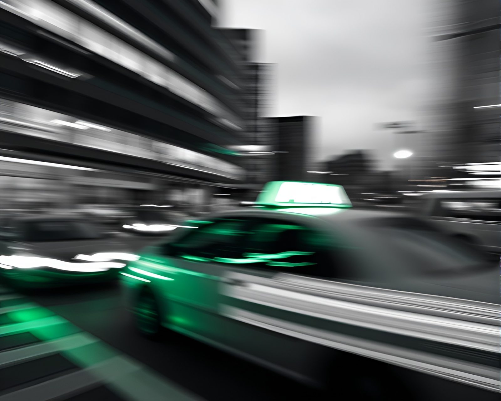 A dynamic scene of blurred taxi streaks in emerald green and black and white tones