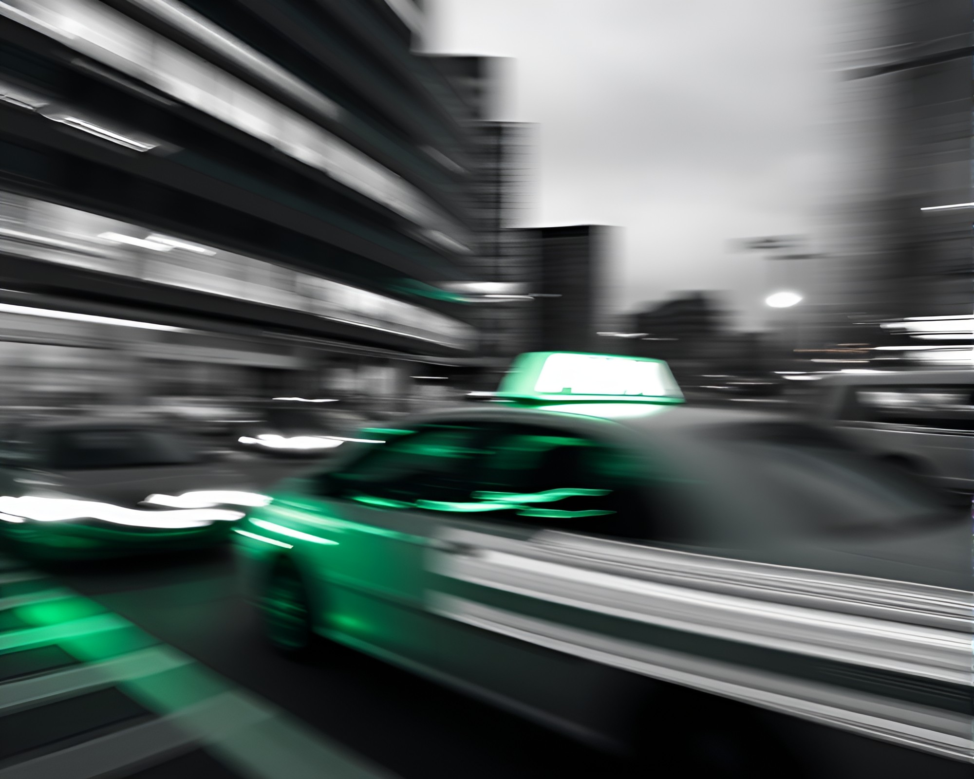 Emerald Taxi: Ley Line Streaks in Black and White – free AI stock image