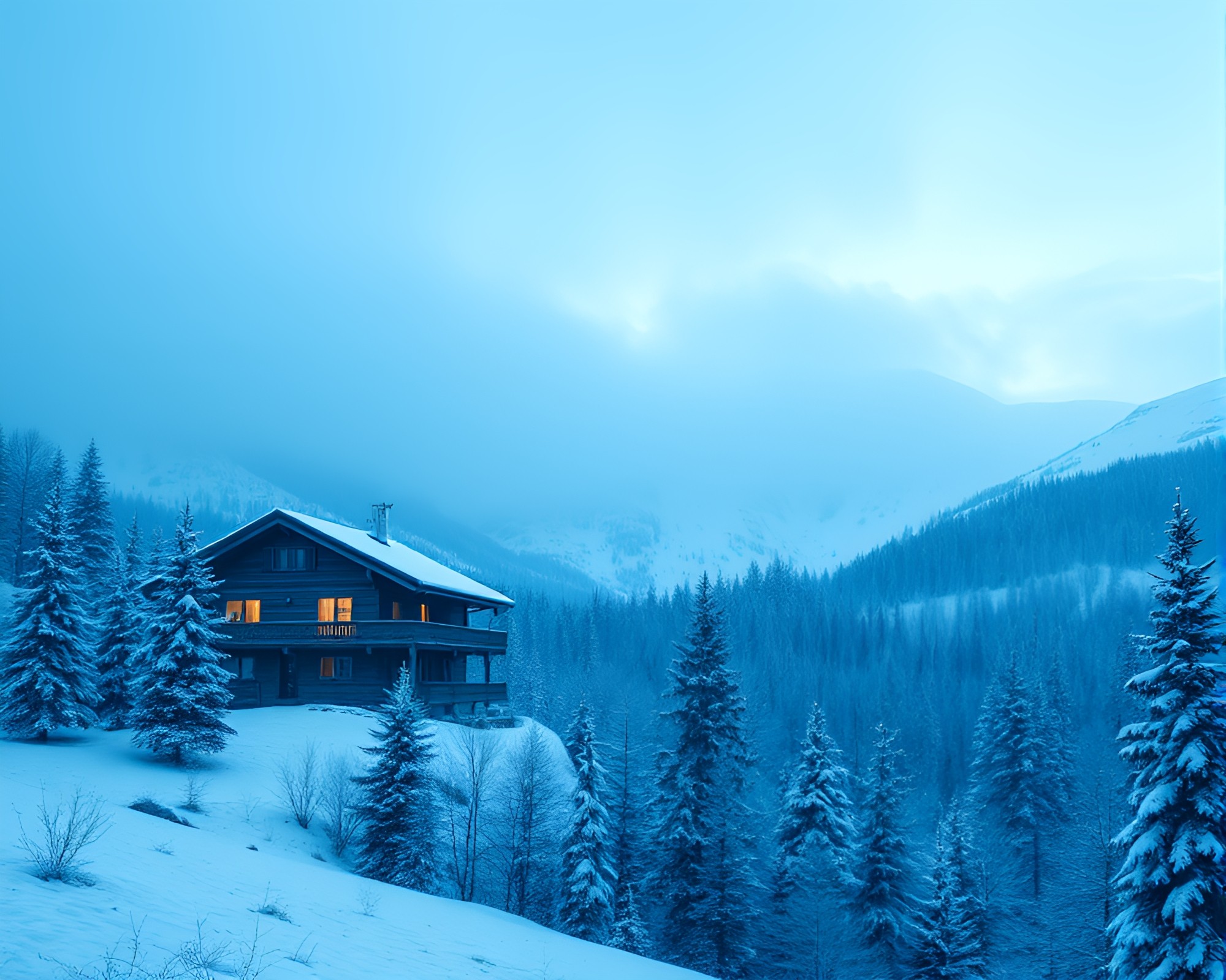 Alpine Chalet Light Leaks in Ice-Blue Halftone Pattern – free AI stock image