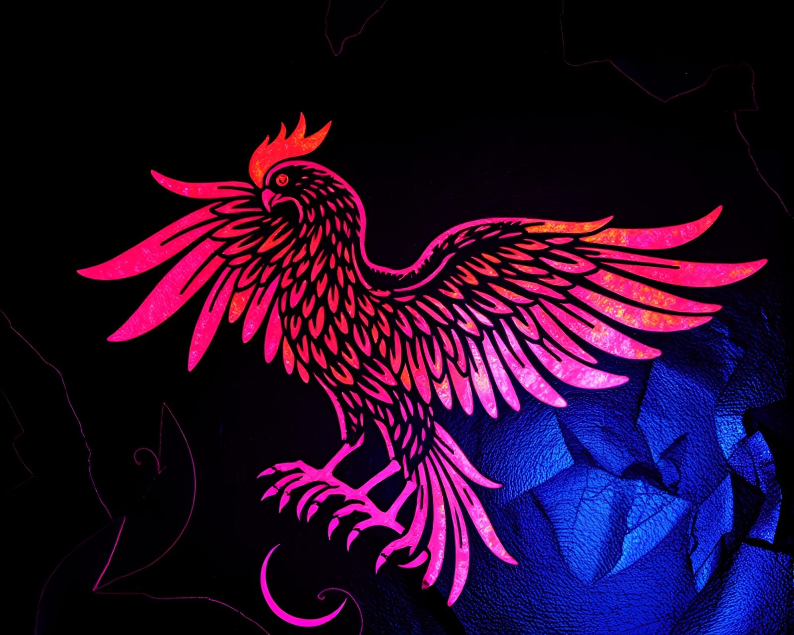 Luminous phoenix with iridescent highlights in linocut style