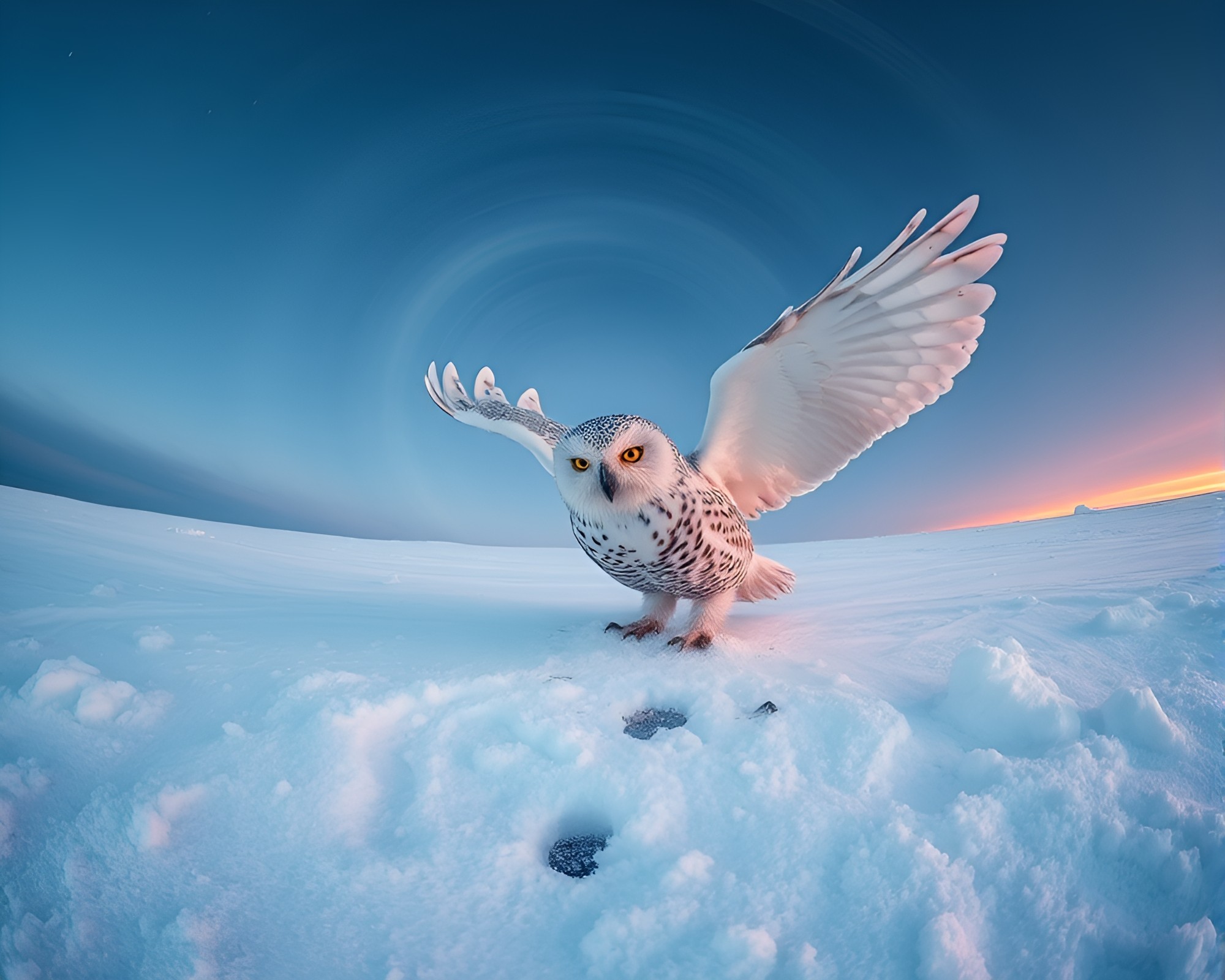 Snowy Owl in Vortex Twist: Frozen Flight – free AI stock image