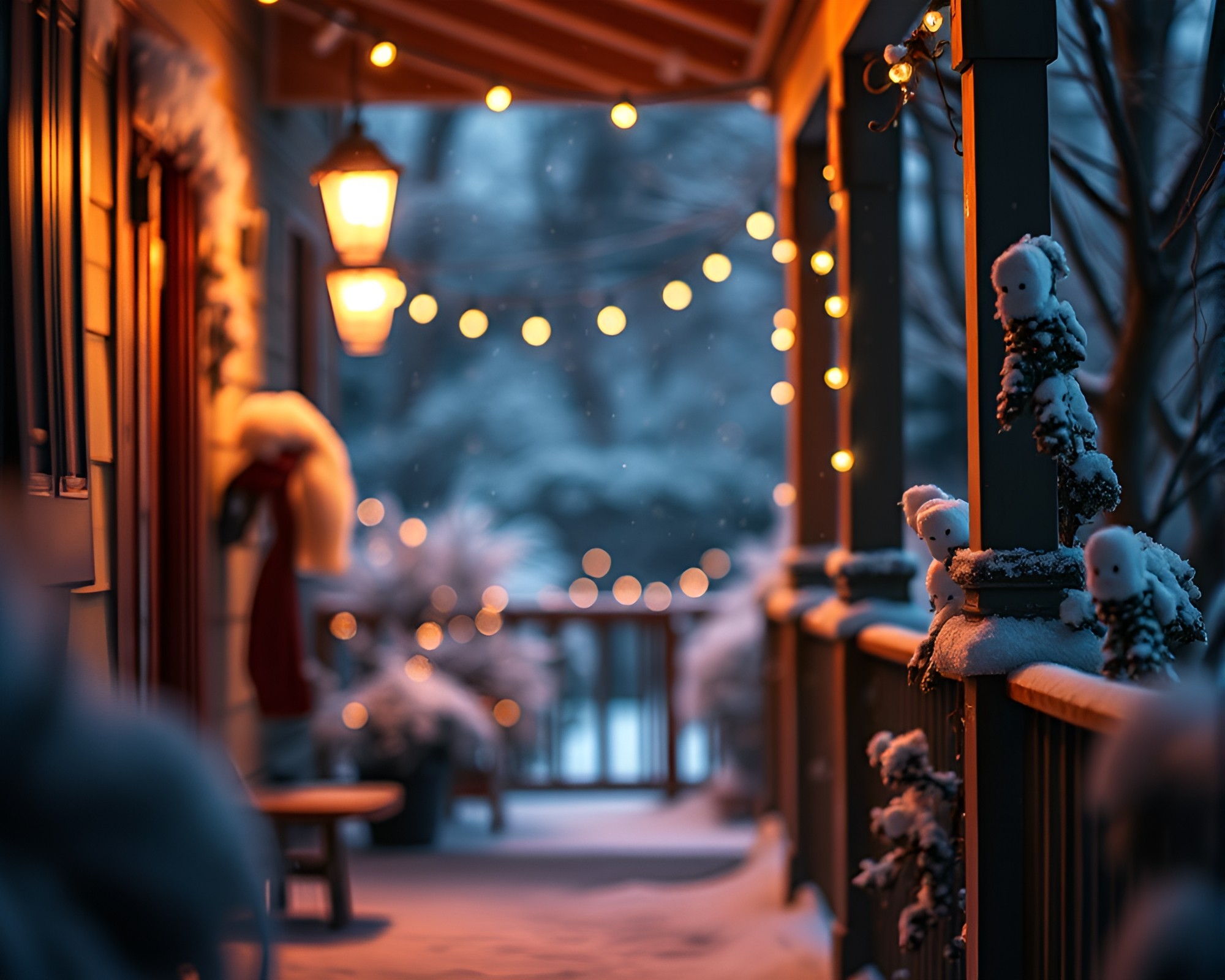 Snow-covered cabin porch in warm light – free AI stock image