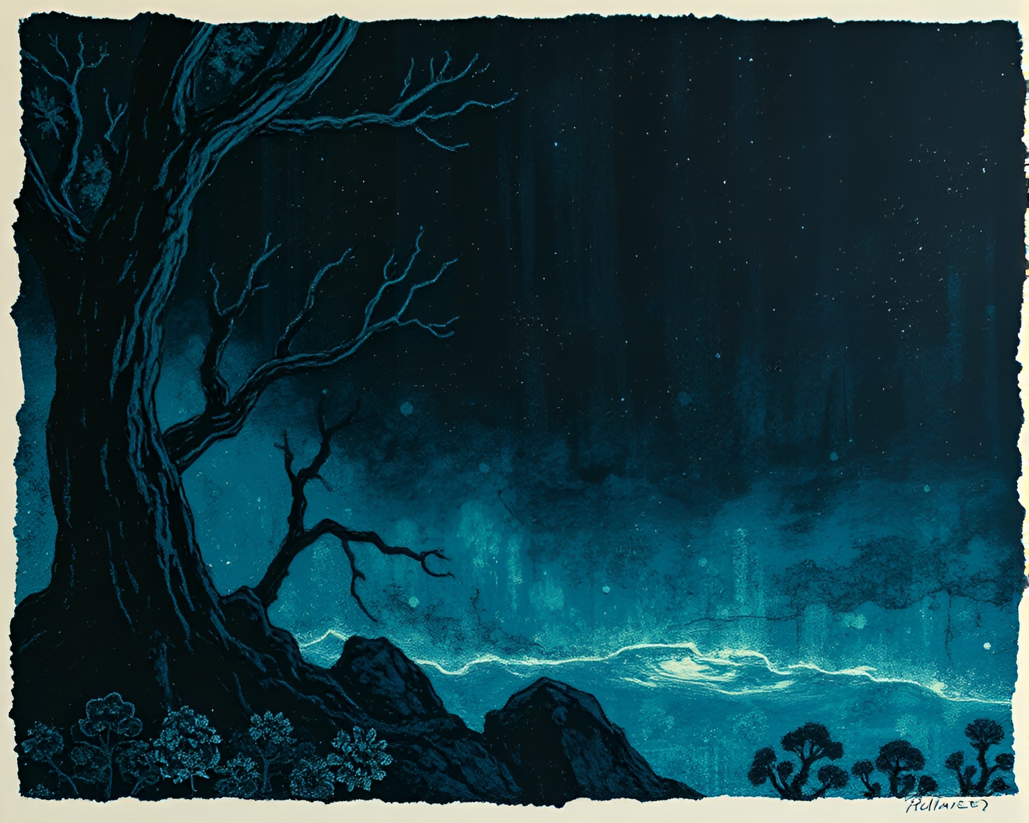 Bioluminescent Satyr in Linocut Texture Oil Painting – free AI stock image