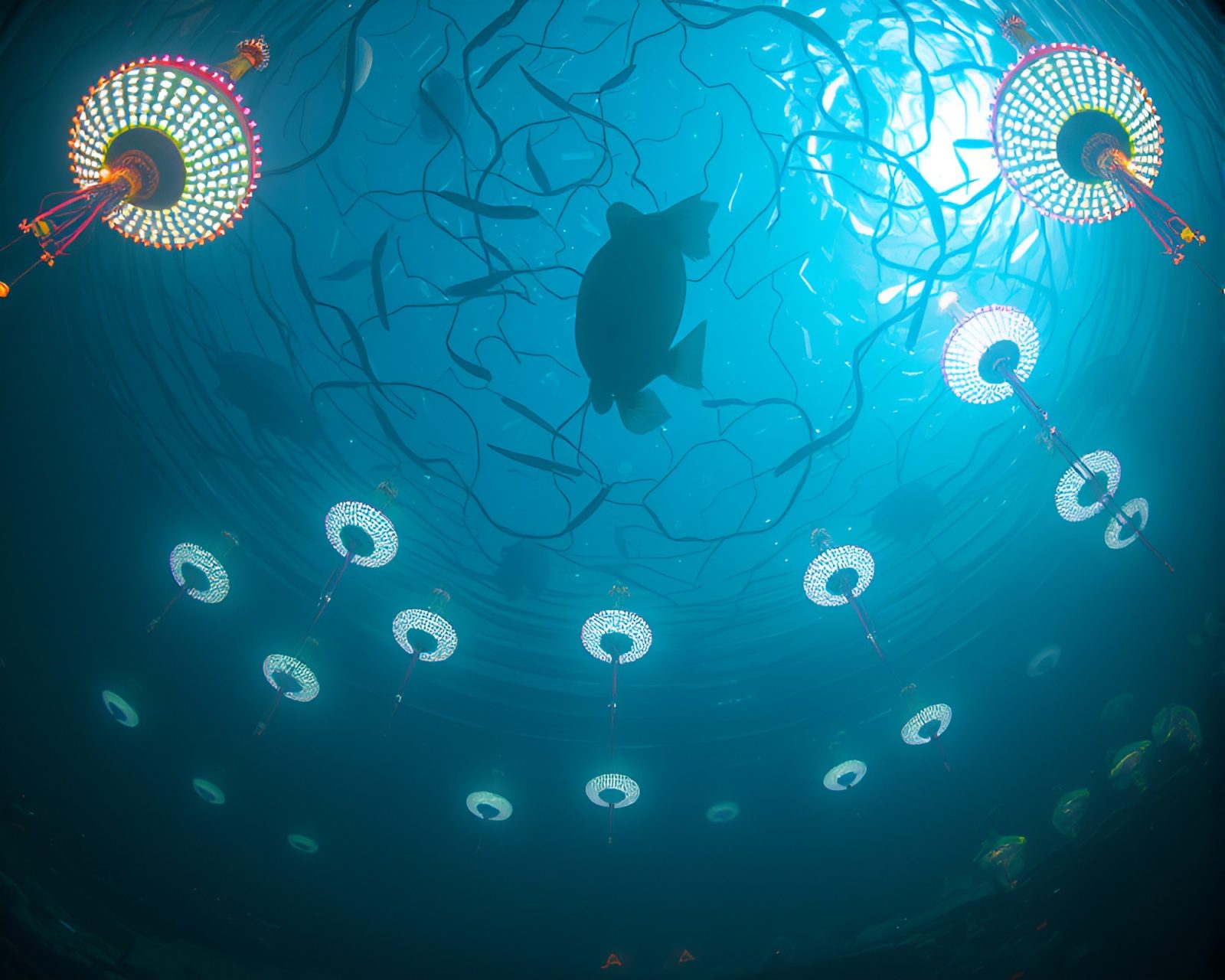 Colorful carnival lights within an underwater dome with fisheye view
