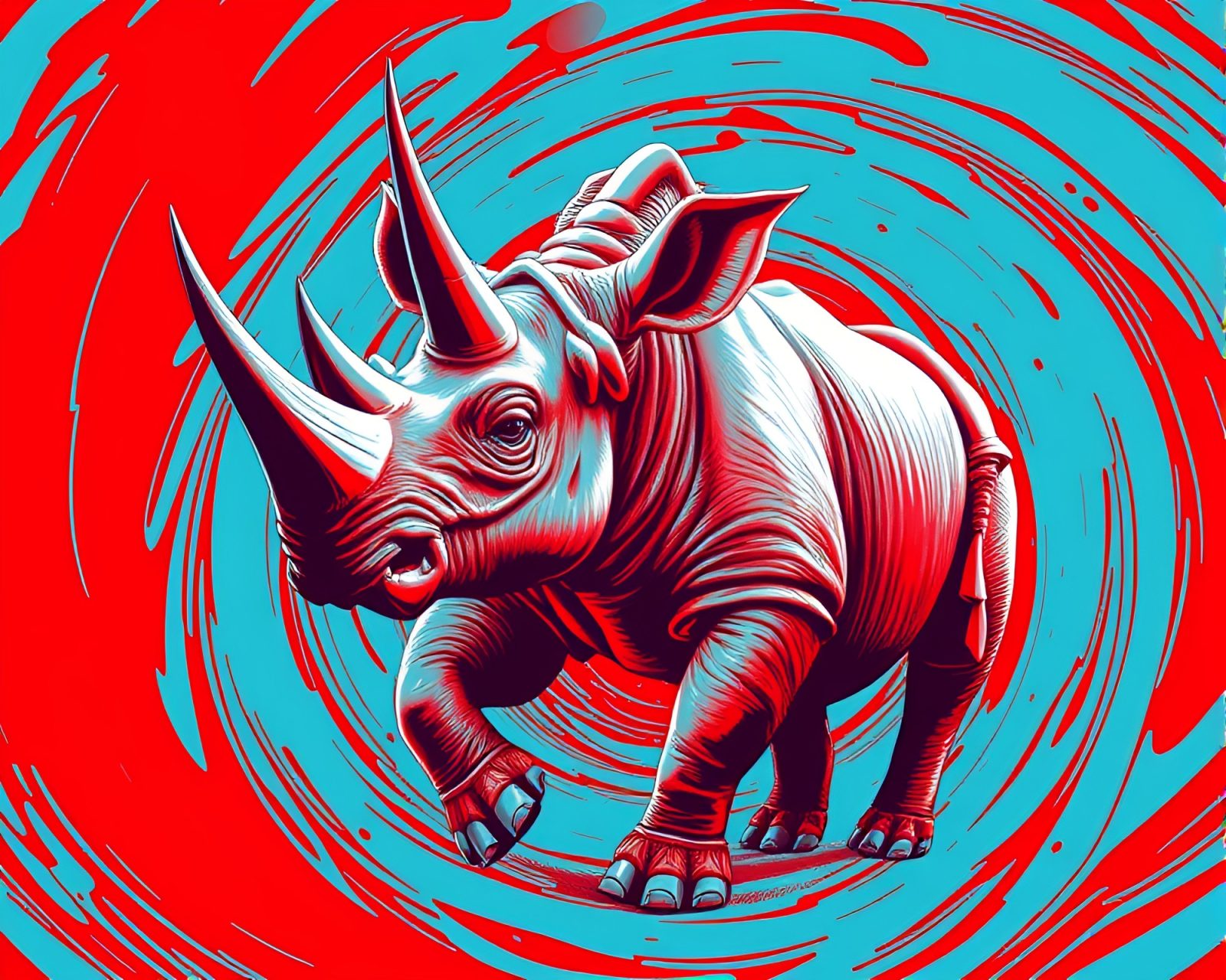 Elegant rhinoceros silhouette in red-blue vortex twist