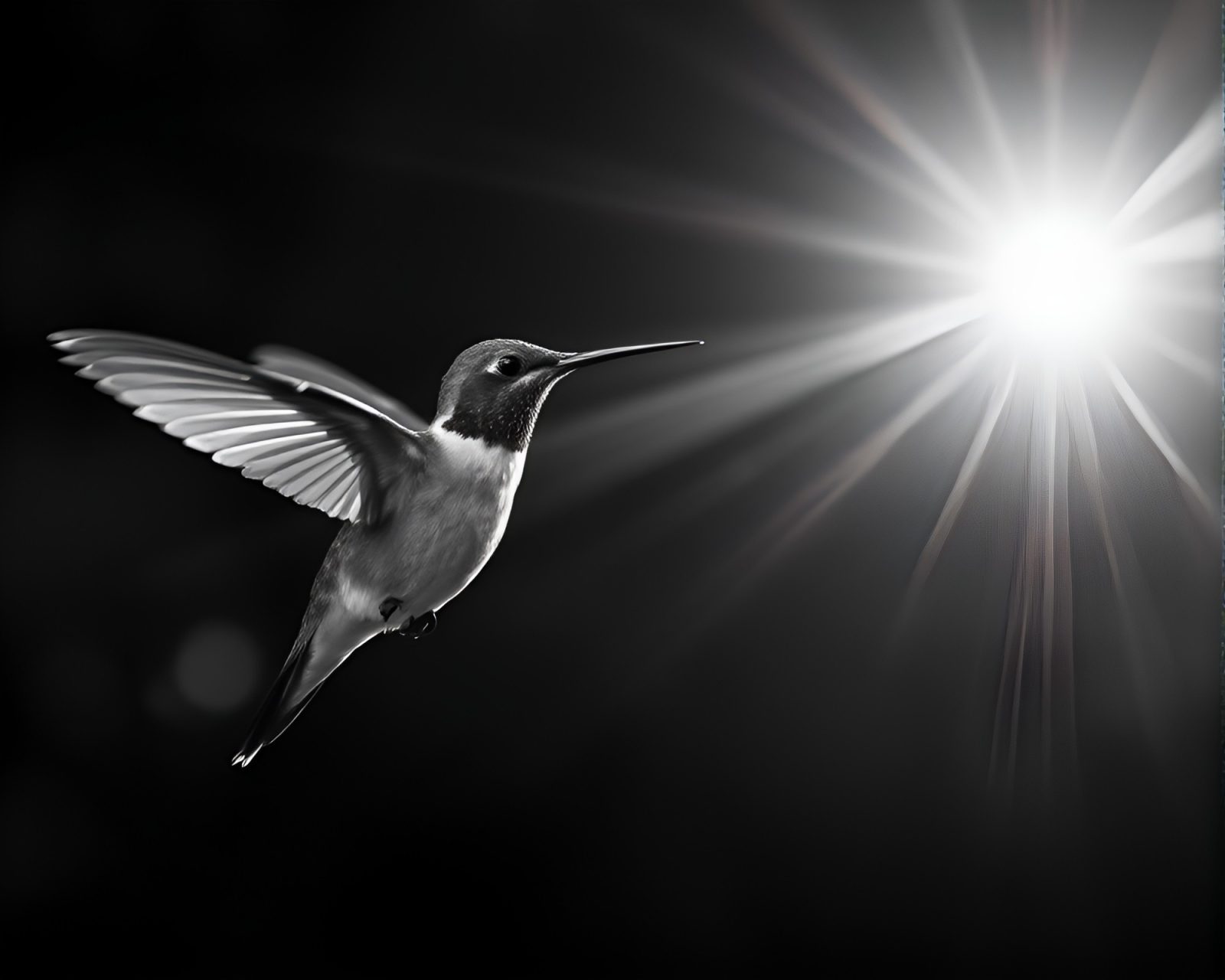 Black and white artwork of a hummingbird with lens flare