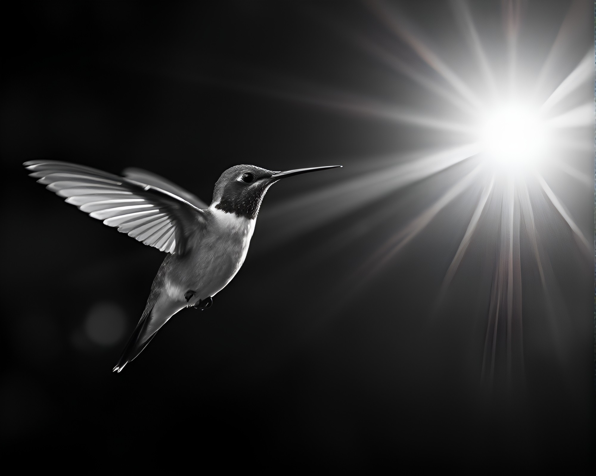 Mesmerizing Charcoal Hummingbird with Lens Flare – free AI stock image