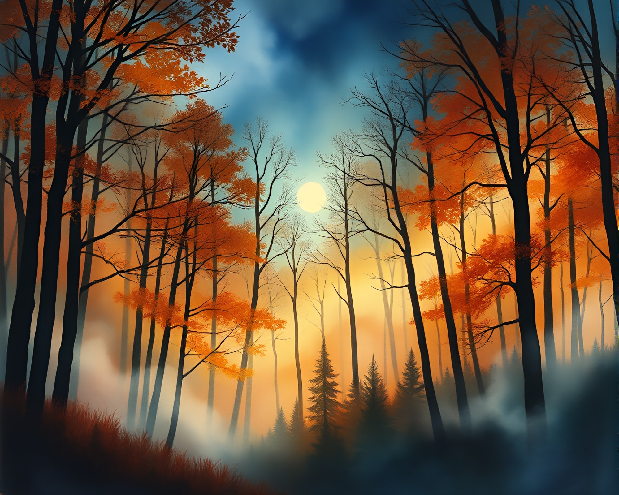 Autumn Forest Symphony: Watercolor Opera with Smoke Rings – free AI stock image