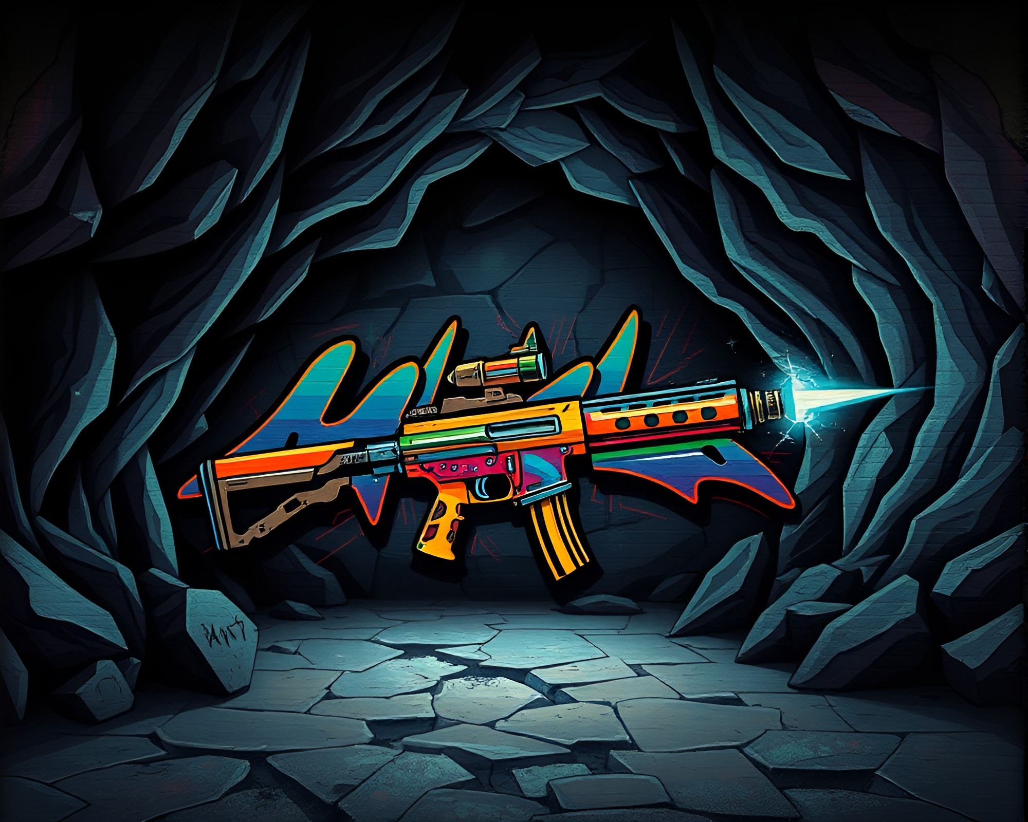 Plasma Rifle Graffiti Illuminates Origami Cave Entrance – free AI stock image