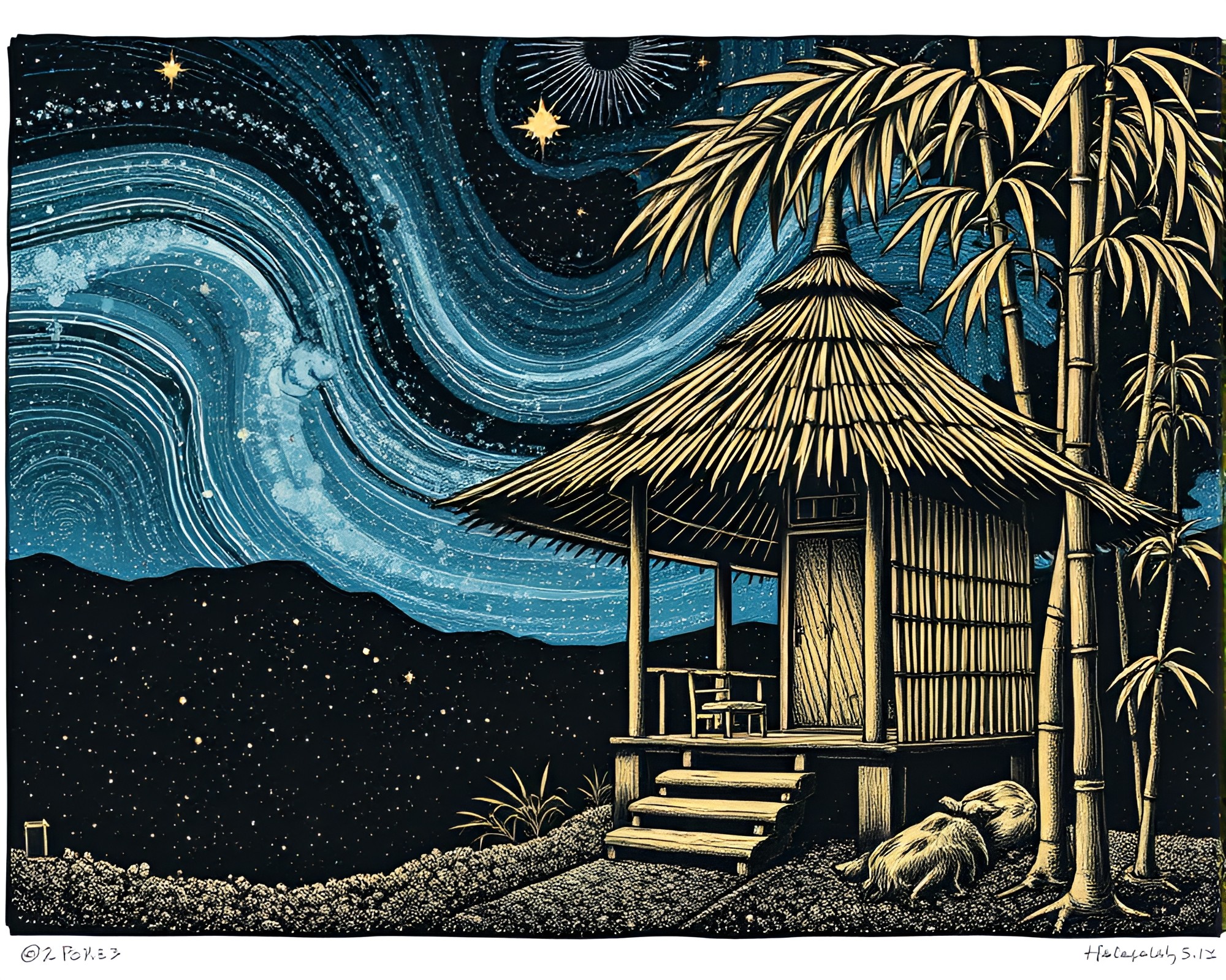 Whirling Bamboo Hut in Stardust Woodcut Print – free AI stock image