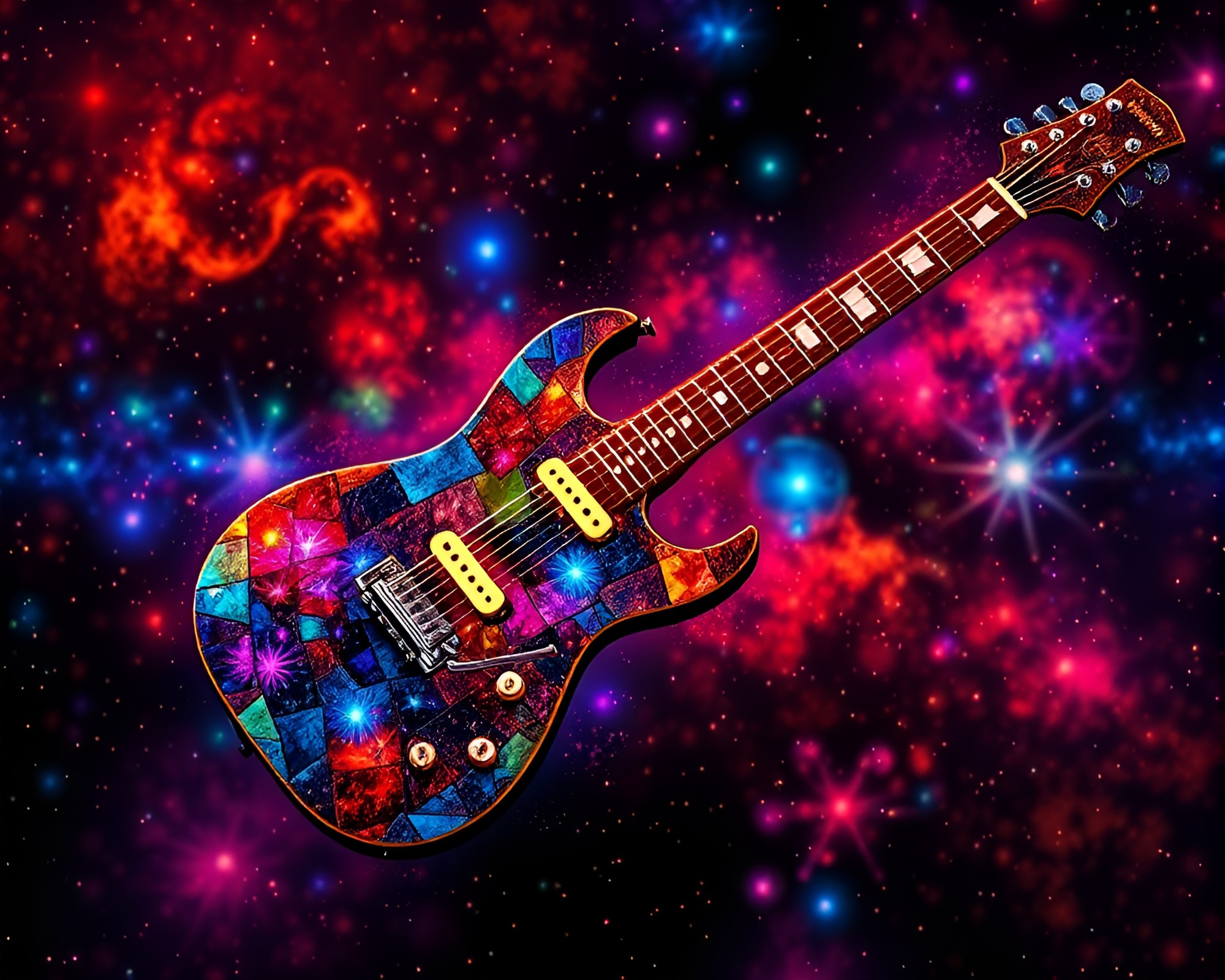Cosmic Guitar Composition in Neon Mosaic Style – free AI stock image