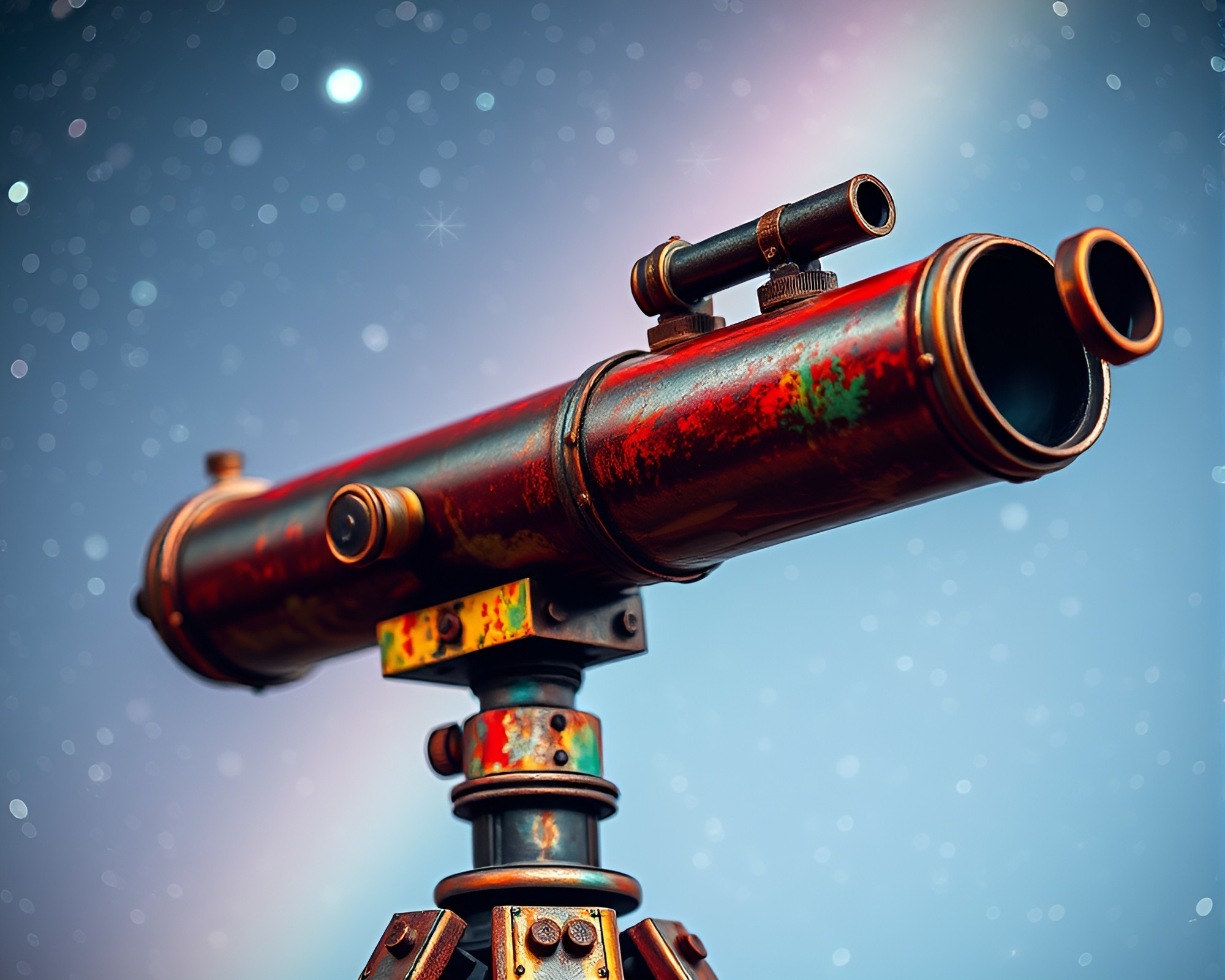 Vintage Telescope with Cosmic Rust Patina and Rainbow Hues – free AI stock image