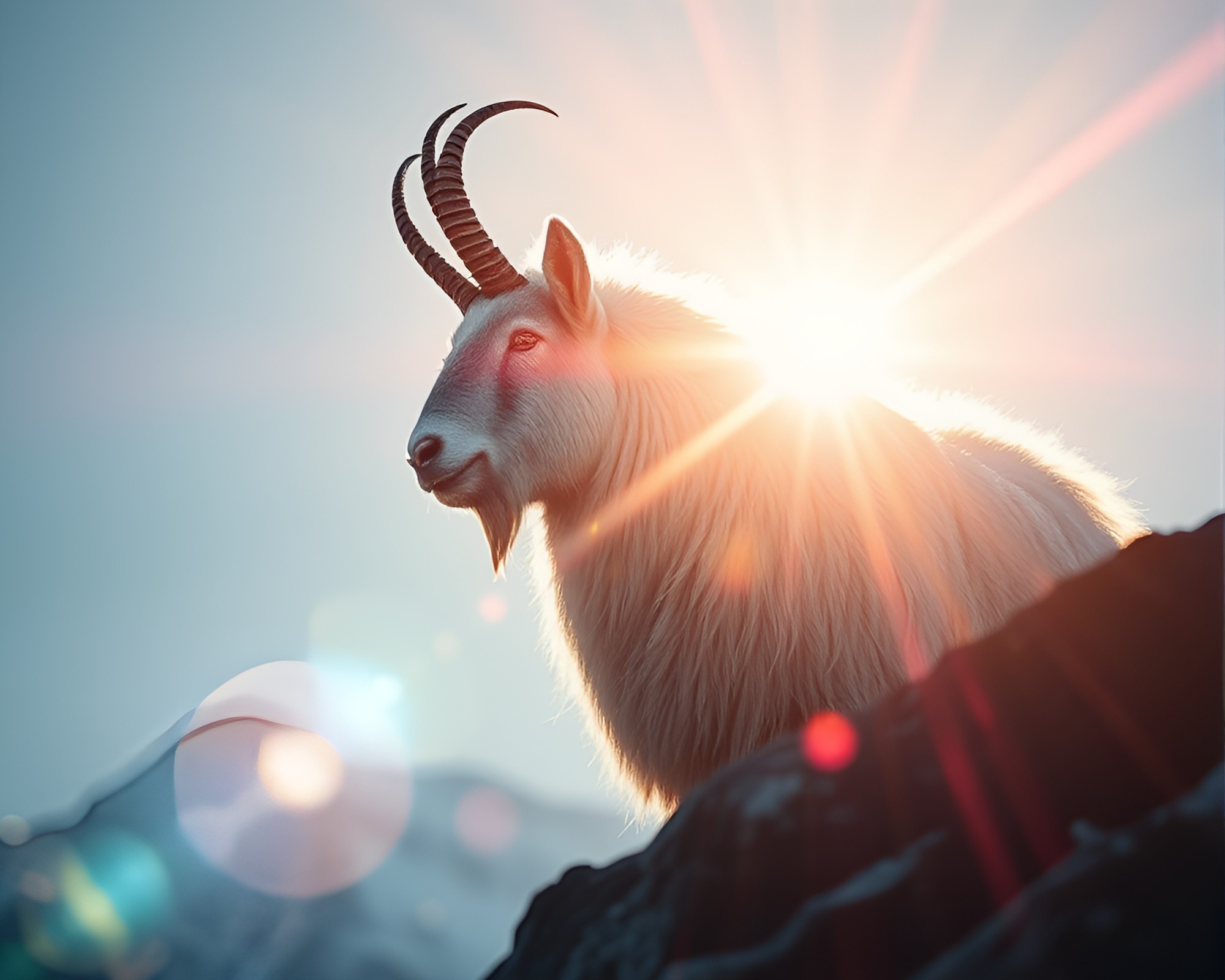 8-bit Mountain Goat Encounter with Lens Flare – free AI stock image